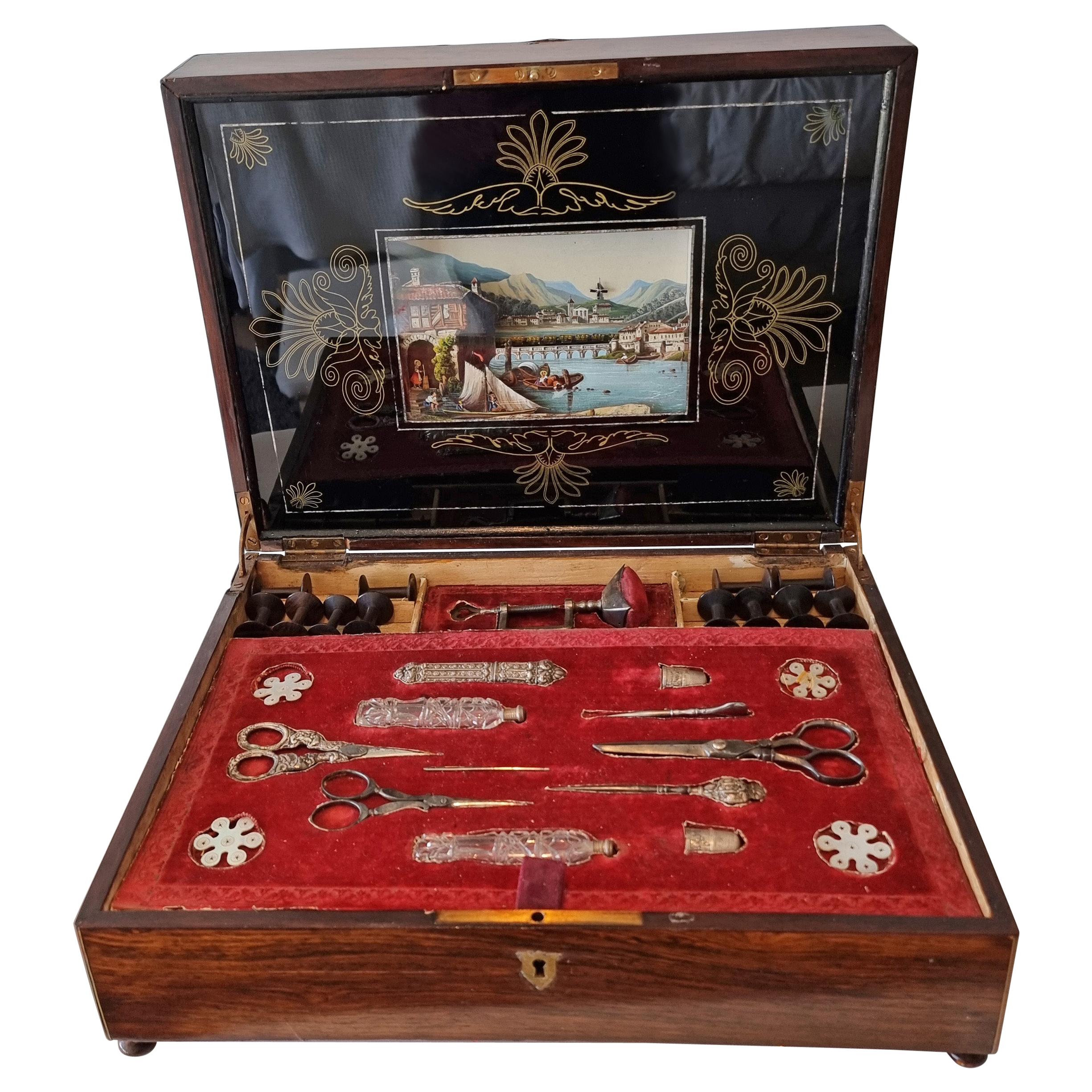 Early and Fine Musical Automaton Necessaire with Reverse Painted Glass For Sale