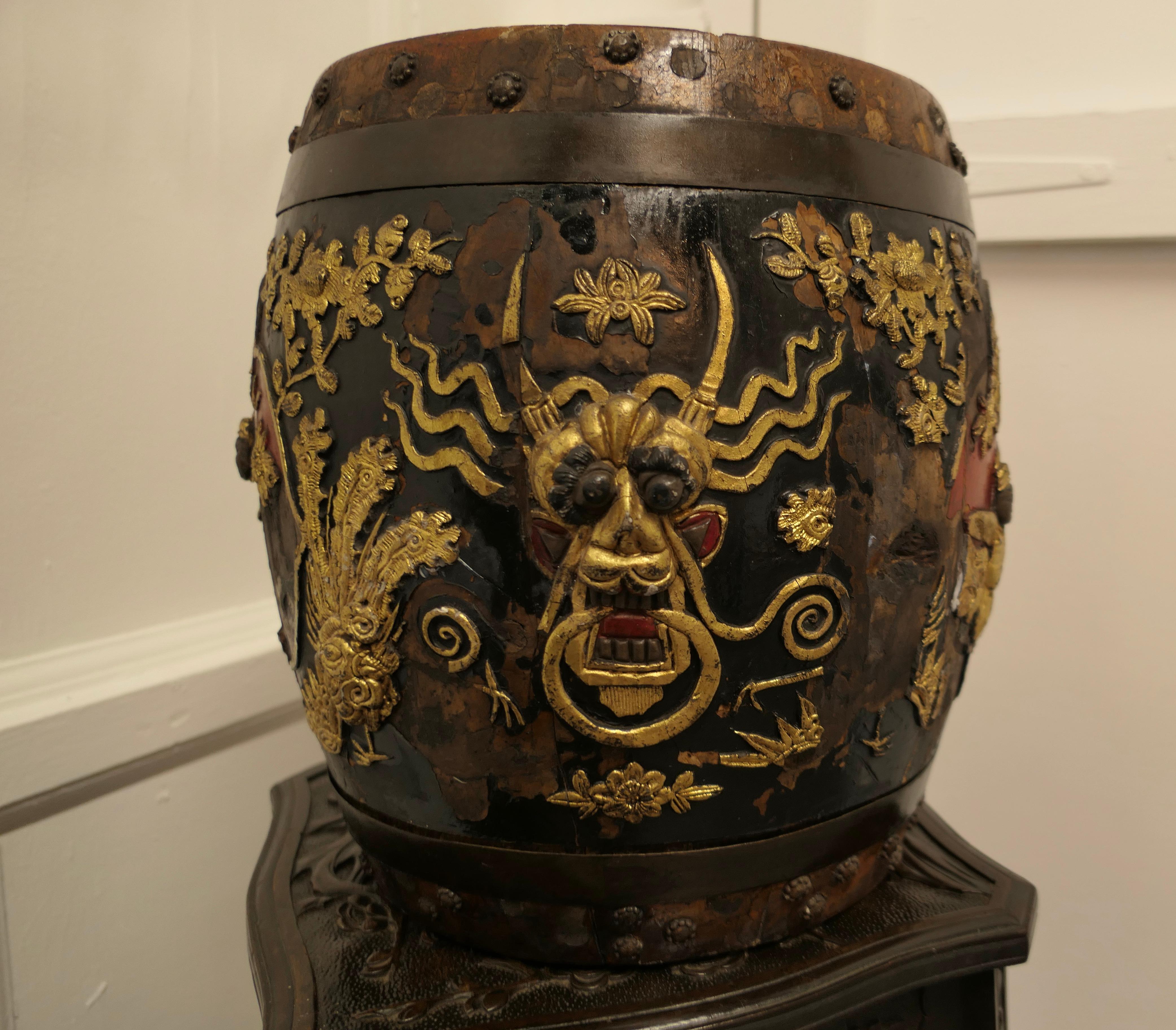 Lacquer Early Chinese Decorated Spice Barrel For Sale