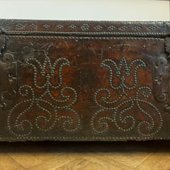 An Early Eighteenth Century Spanish Leather and Brass Studded Coffer