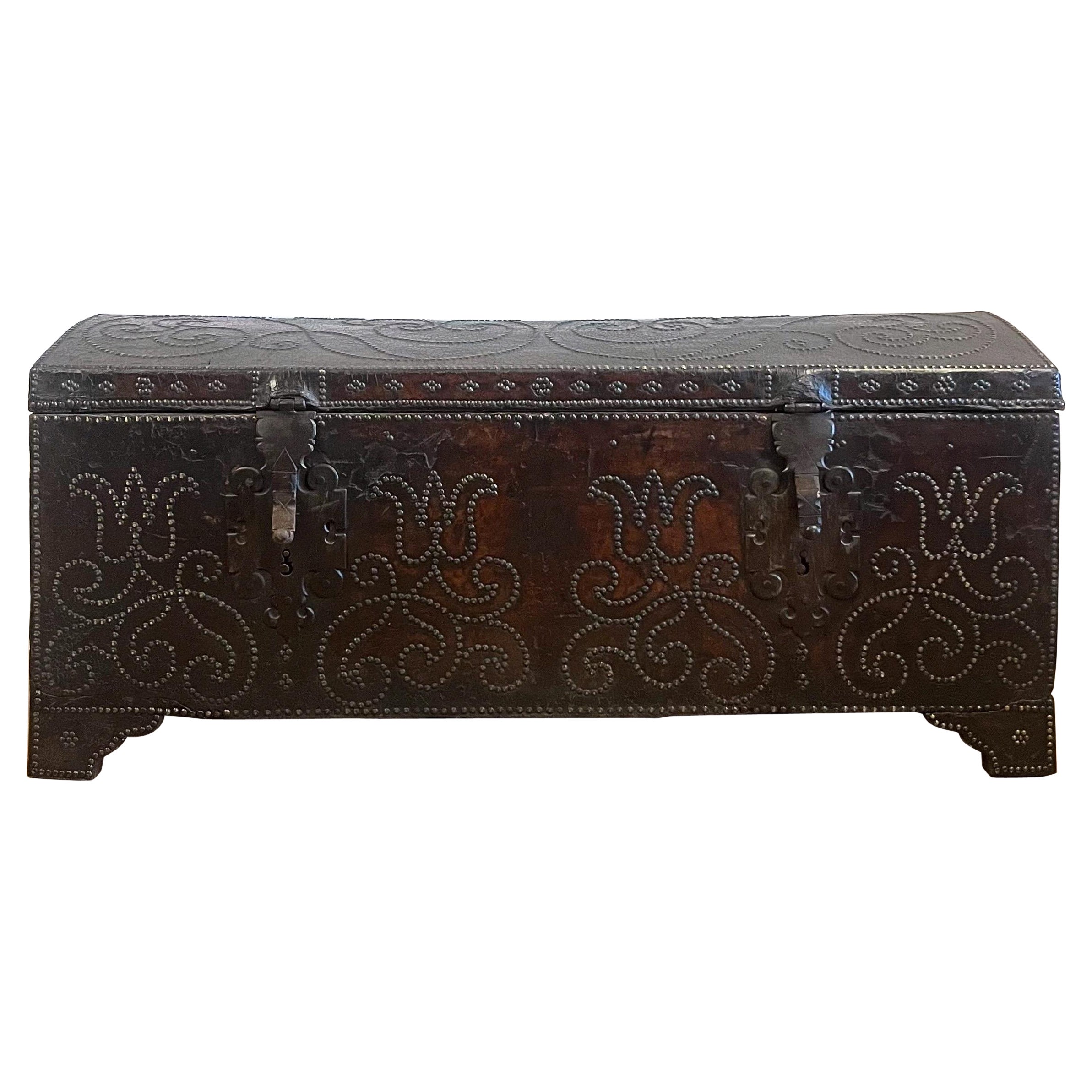 An Early Eighteenth Century Spanish Leather and Brass Studded Coffer For Sale