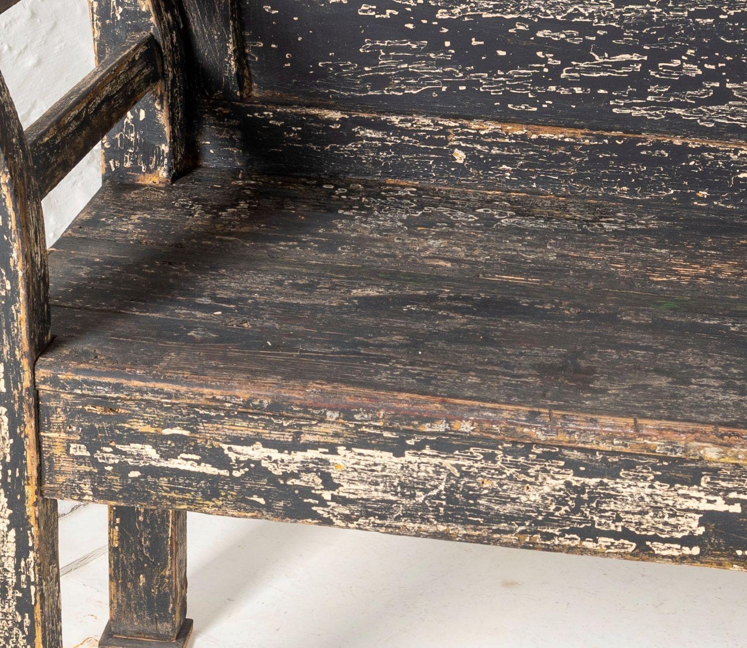 Early European Settle Farmhouse Bench in Old Rustic Black Grey Paint 1