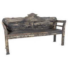 Early European Settle Farmhouse Bench in Old Rustic Black Grey Paint