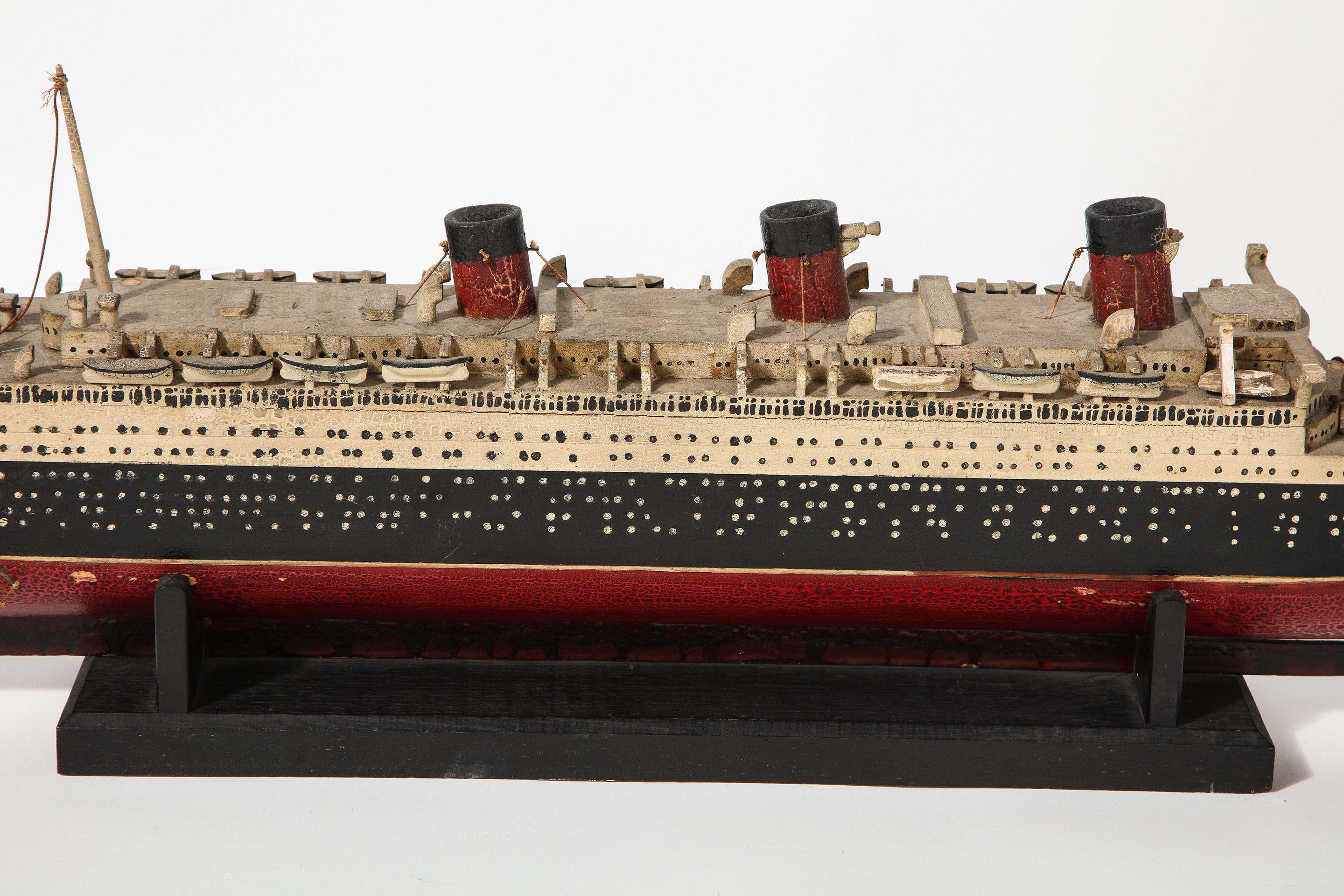 Hand-Carved Early Handmade Wood Model of the RMS Queen Mary For Sale
