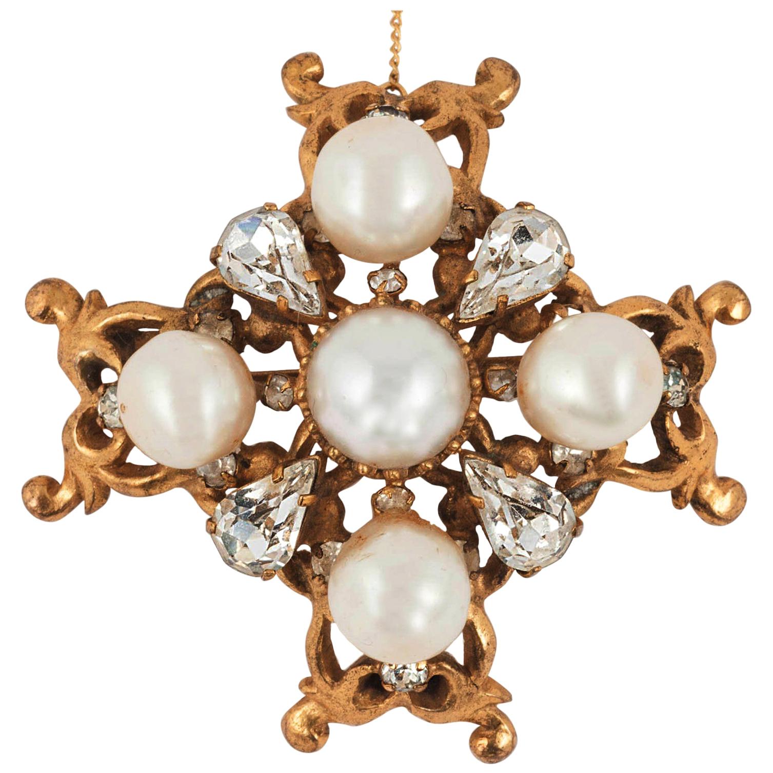 An early handmade gilt metal, pearl and paste 'cruciform' brooch, Chanel , 1950s