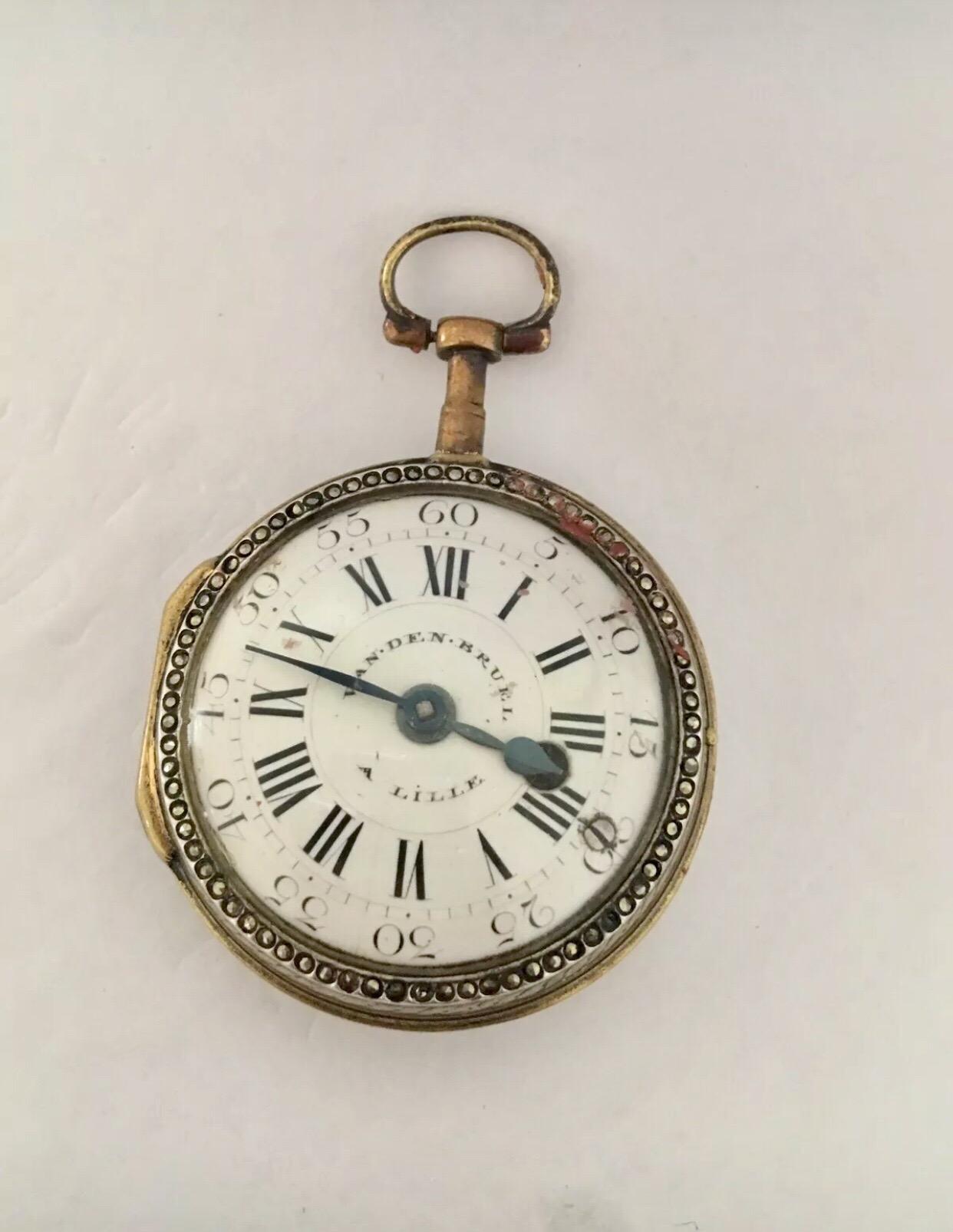 Early Rare Verge Fusee Enamel Pocket Watch Signed Van.Den.Bruel A Lille For Sale 3