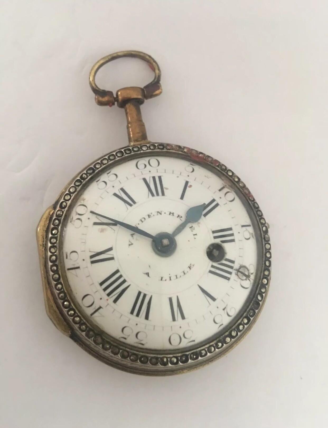 An Early Rare Verge Fusee Enamel Pocket Watch Signed VAN.DEN.BRUEL A LILLE.


Condition:

Mechanism : working and ticking nicely

Watch case:

metal case is tarnished and some visible scratches and chipped on enamel as shown on photos. Beautiful