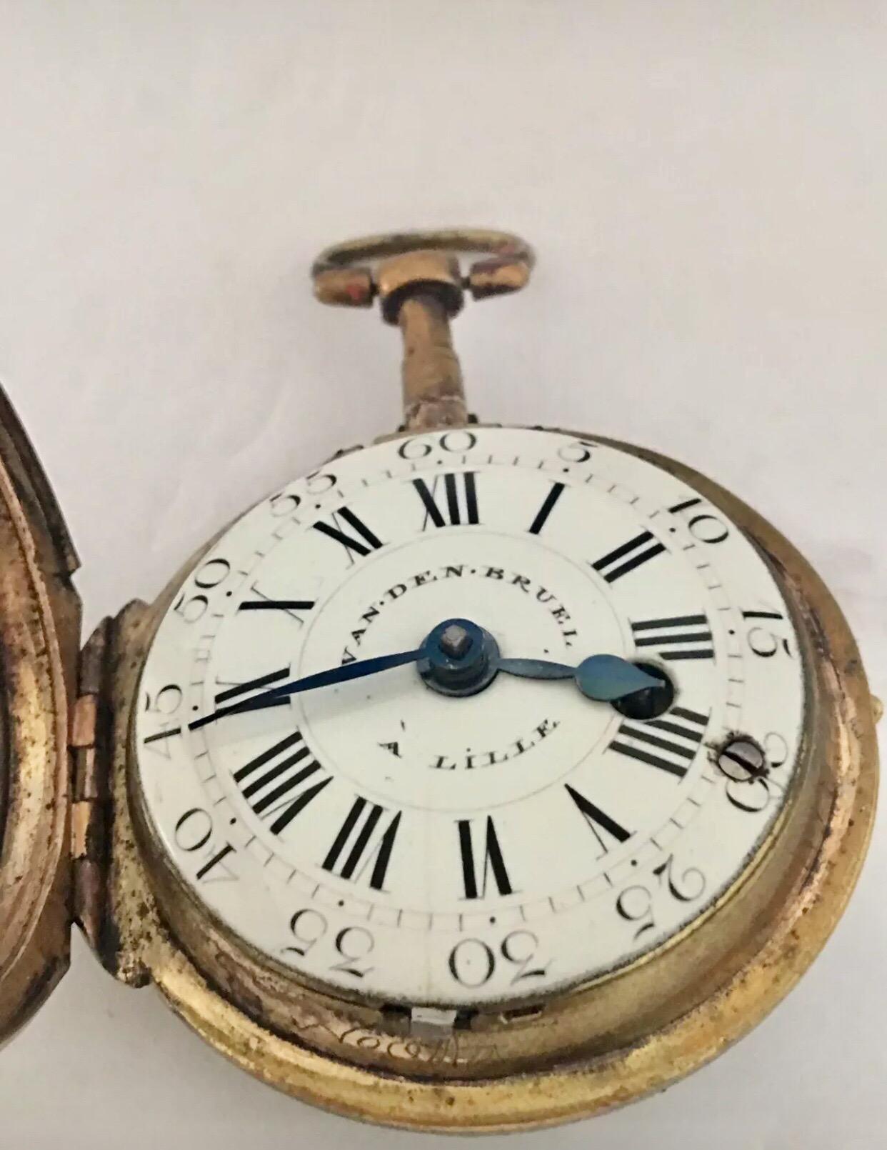 Early Rare Verge Fusee Enamel Pocket Watch Signed Van.Den.Bruel A Lille For Sale 1