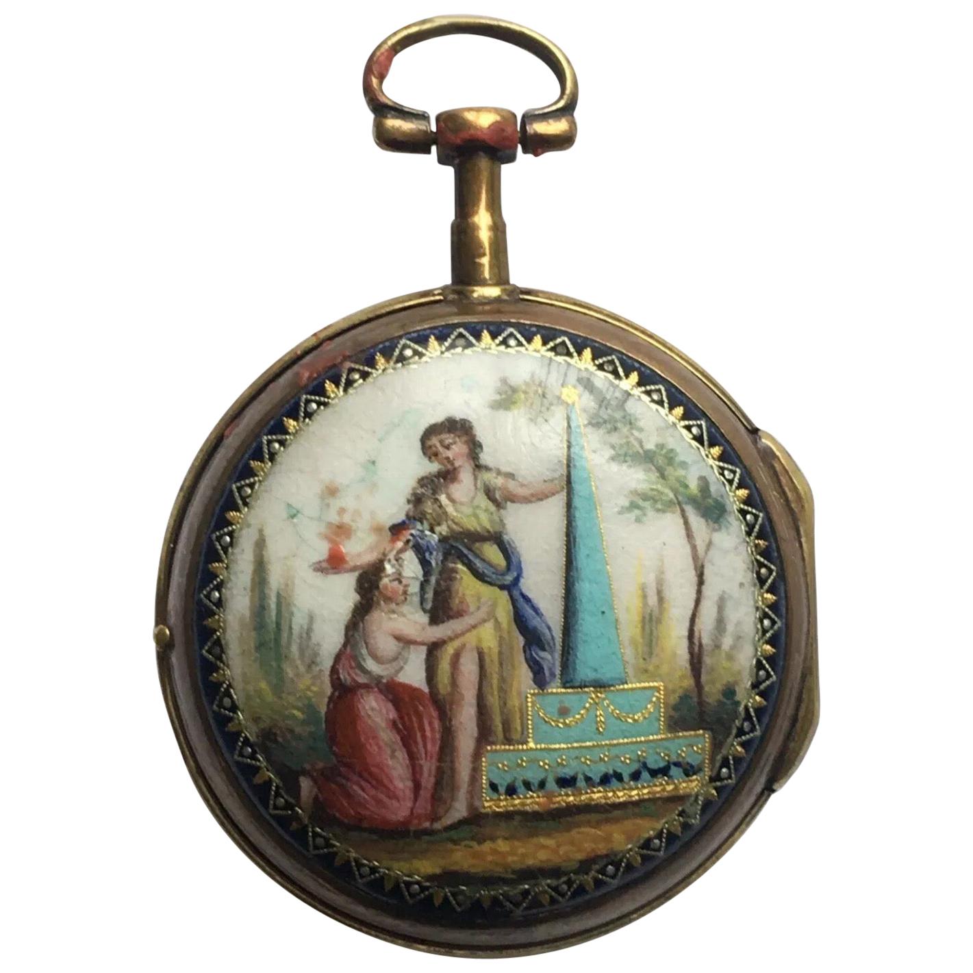 Early Rare Verge Fusee Enamel Pocket Watch Signed Van.Den.Bruel A Lille For Sale