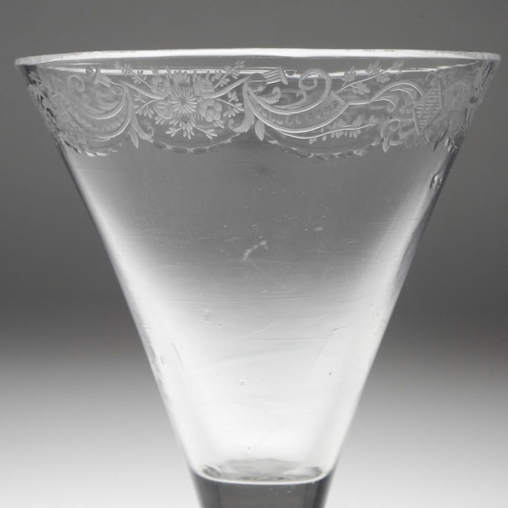 18th Century and Earlier An Early Rococo Engraved Balustroid Wine Glass, c1730-40 For Sale