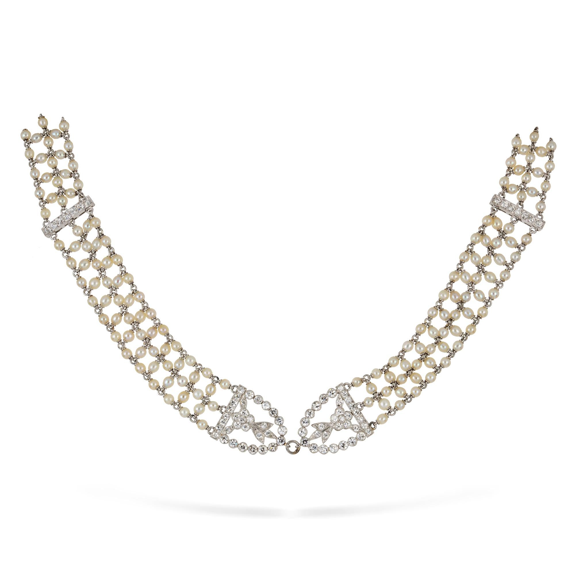 An early twentieth century seed pearl and diamond choker, the seed pearls woven into latticed ribbon measuring 1.3cms in width with a decorative openwork palmette and floral designs to each side with mixed cut diamonds mounted in platinum millegrain
