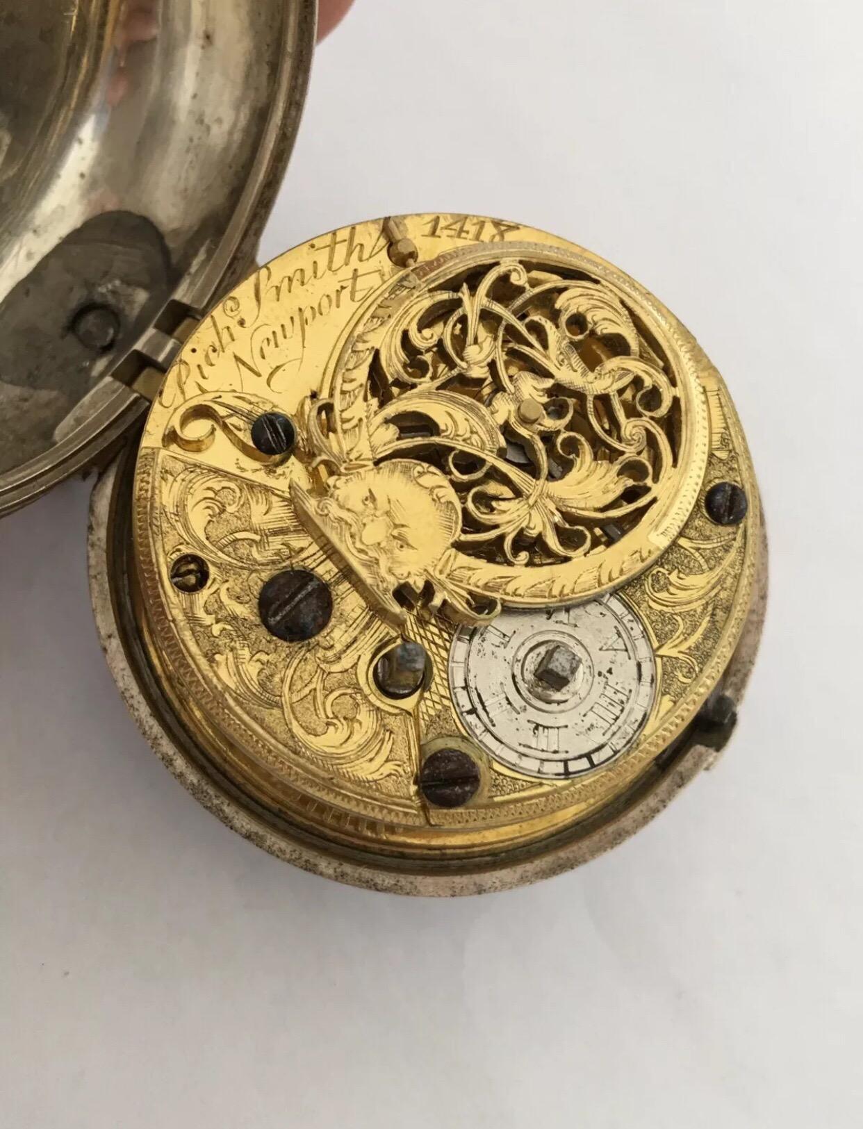 Early Verge English Fusee Pocket Watch Signed Richard Smith, Newport, circa 1730 5