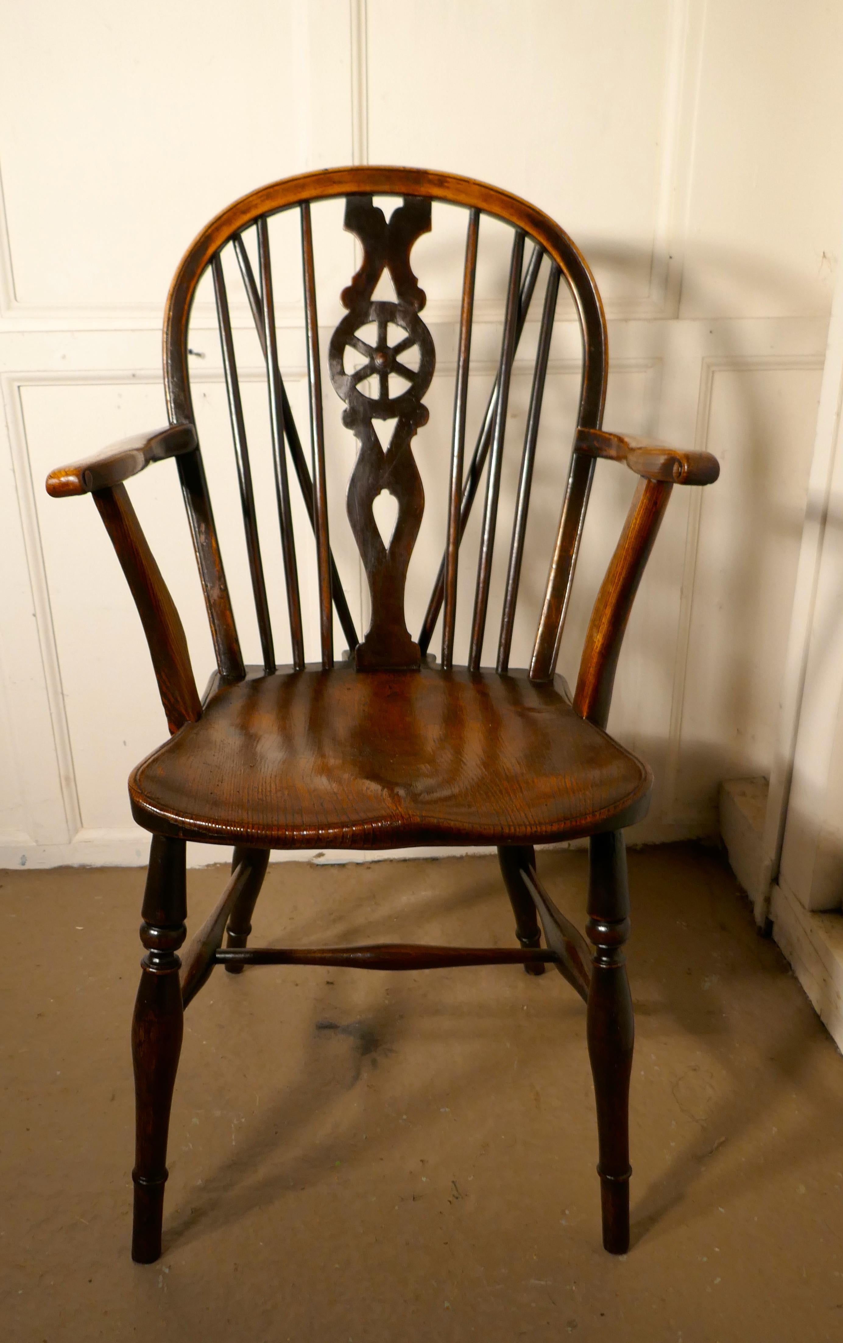 Country Early Victorian Beech and Elm Wheel Back Carver Chair