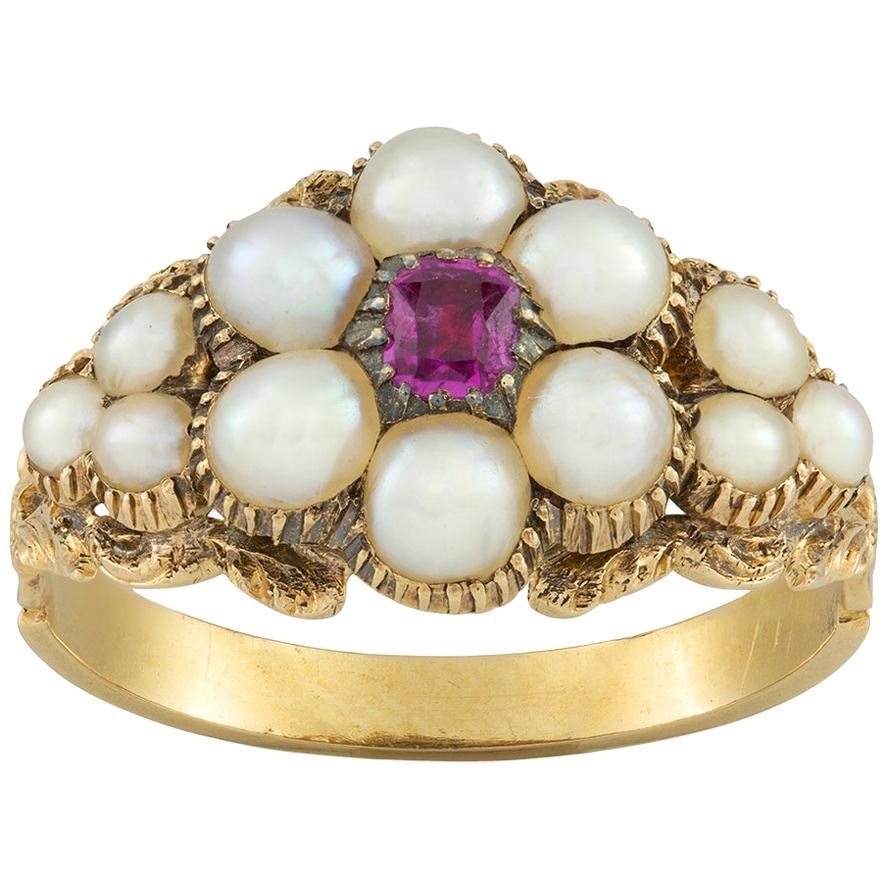 Early Victorian Pearl and Ruby Cluster Ring For Sale