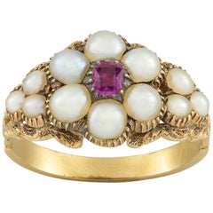 Early Victorian Pearl and Ruby Cluster Ring