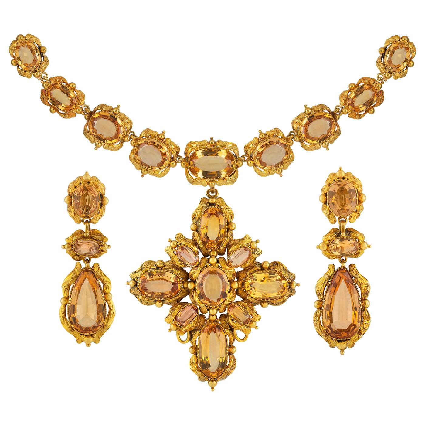 Early Victorian Topaz and Gold Repousse Suite For Sale