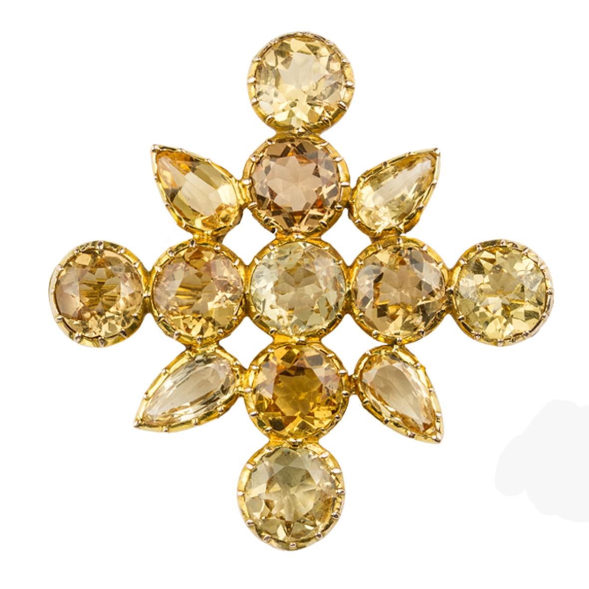 Round Cut Early Victorian Topaz Set Cross Brooch For Sale