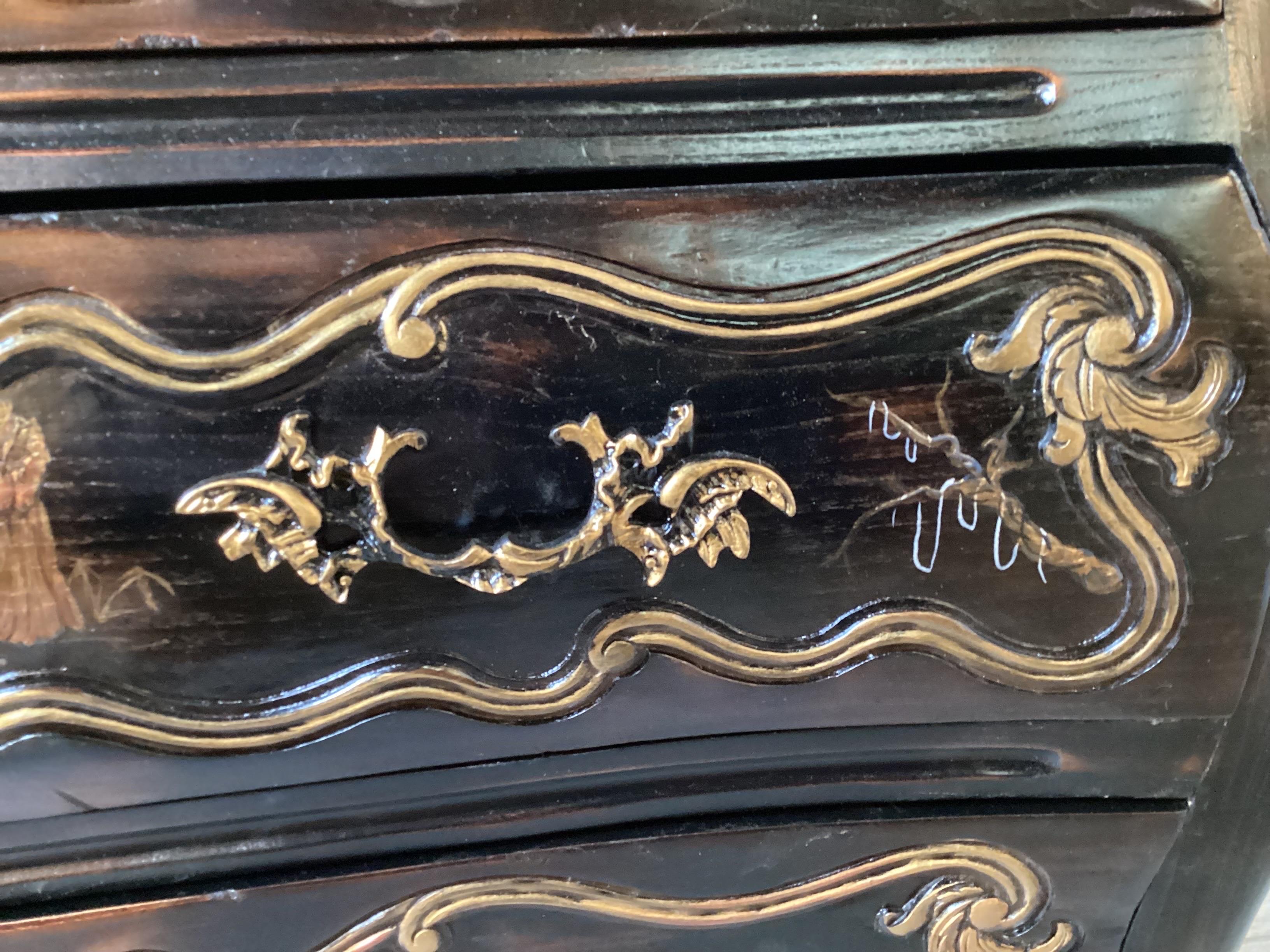 20th Century Ebonized Chinoiserie Bombe Chest For Sale