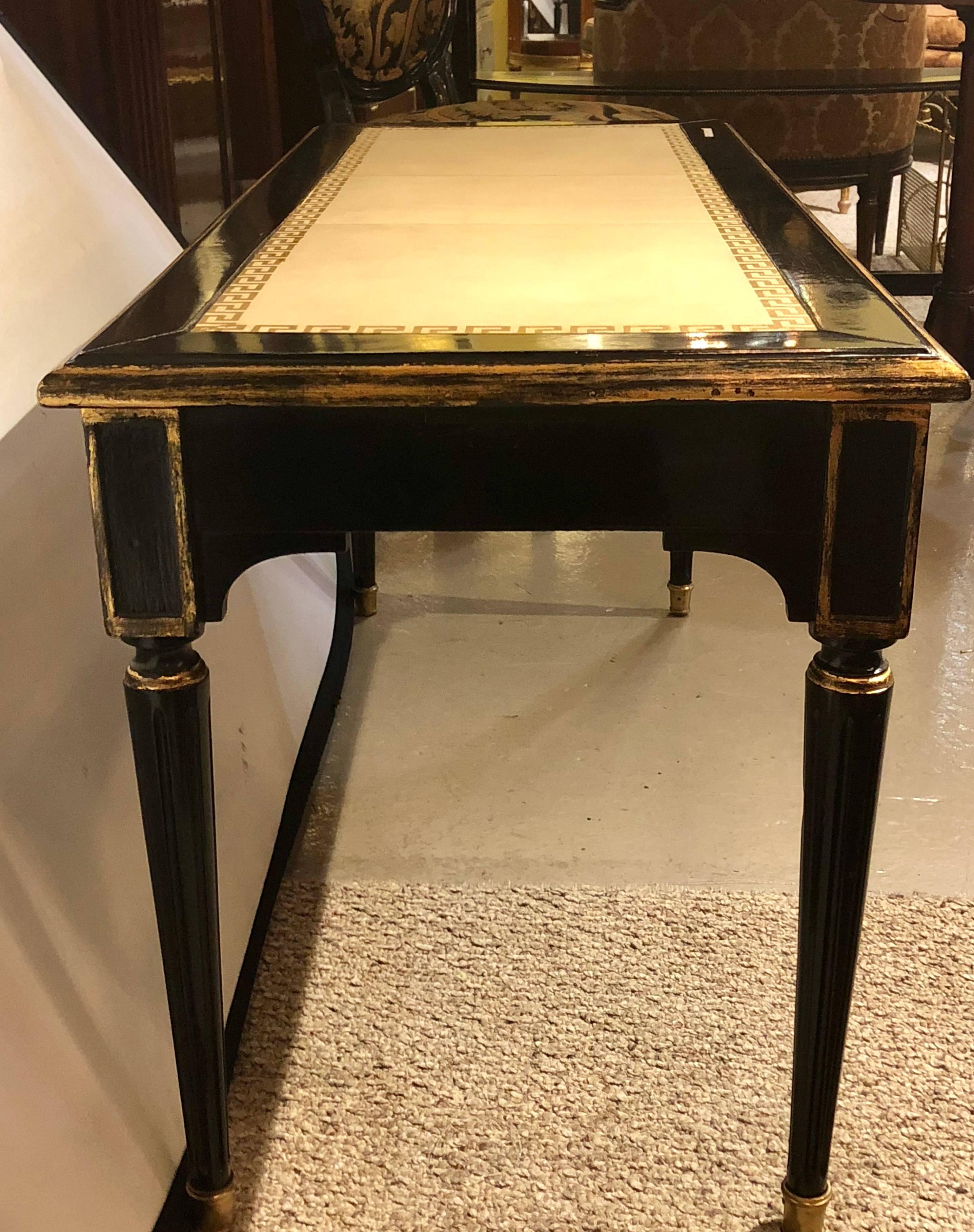 Hollywood Regency, Bench, Table, Black Lacquer Wood, Gold Greek Key, Tan Leather For Sale 6