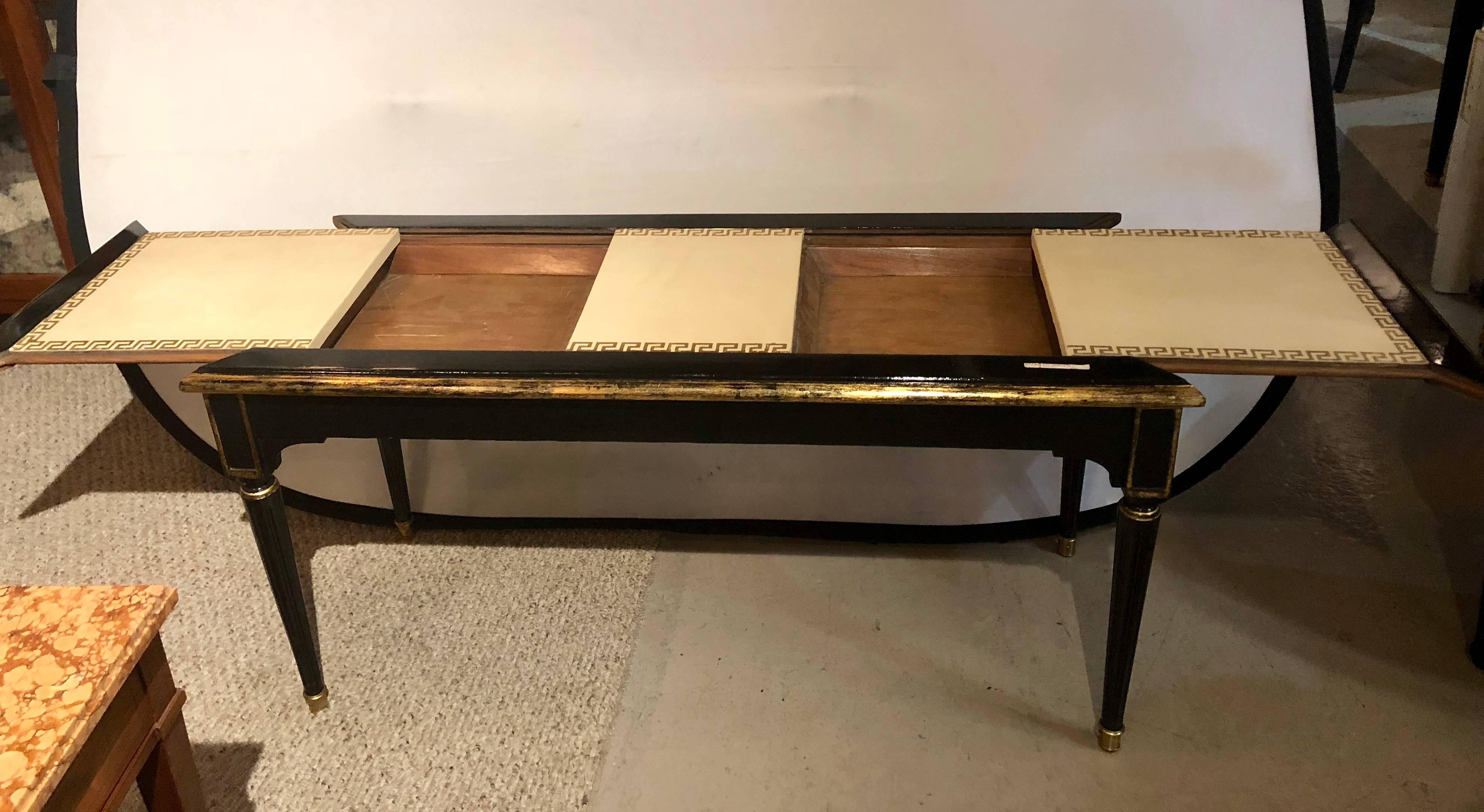 Hollywood Regency, Bench, Table, Black Lacquer Wood, Gold Greek Key, Tan Leather For Sale 7