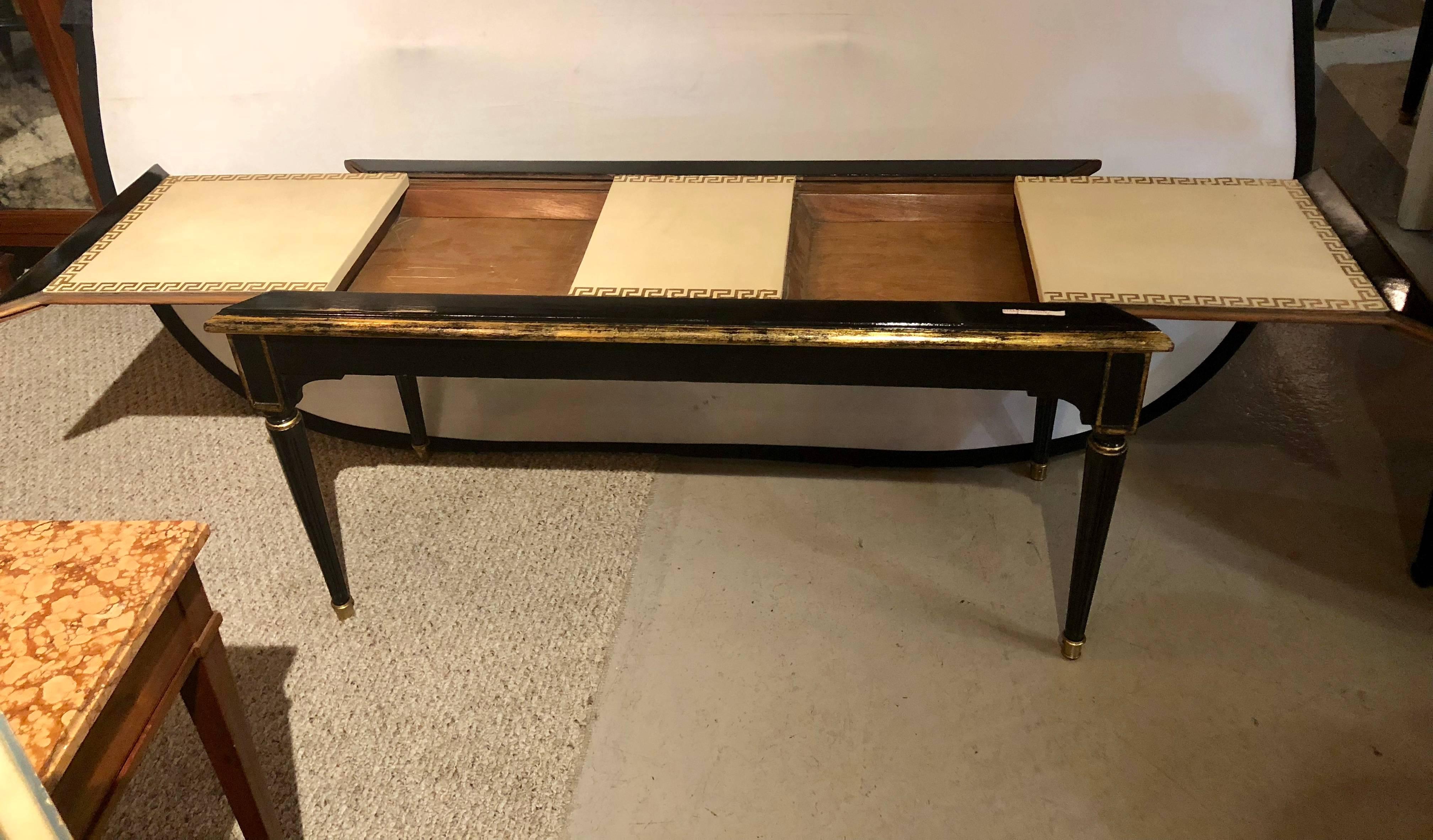 Hollywood Regency, Bench, Table, Black Lacquer Wood, Gold Greek Key, Tan Leather For Sale 8