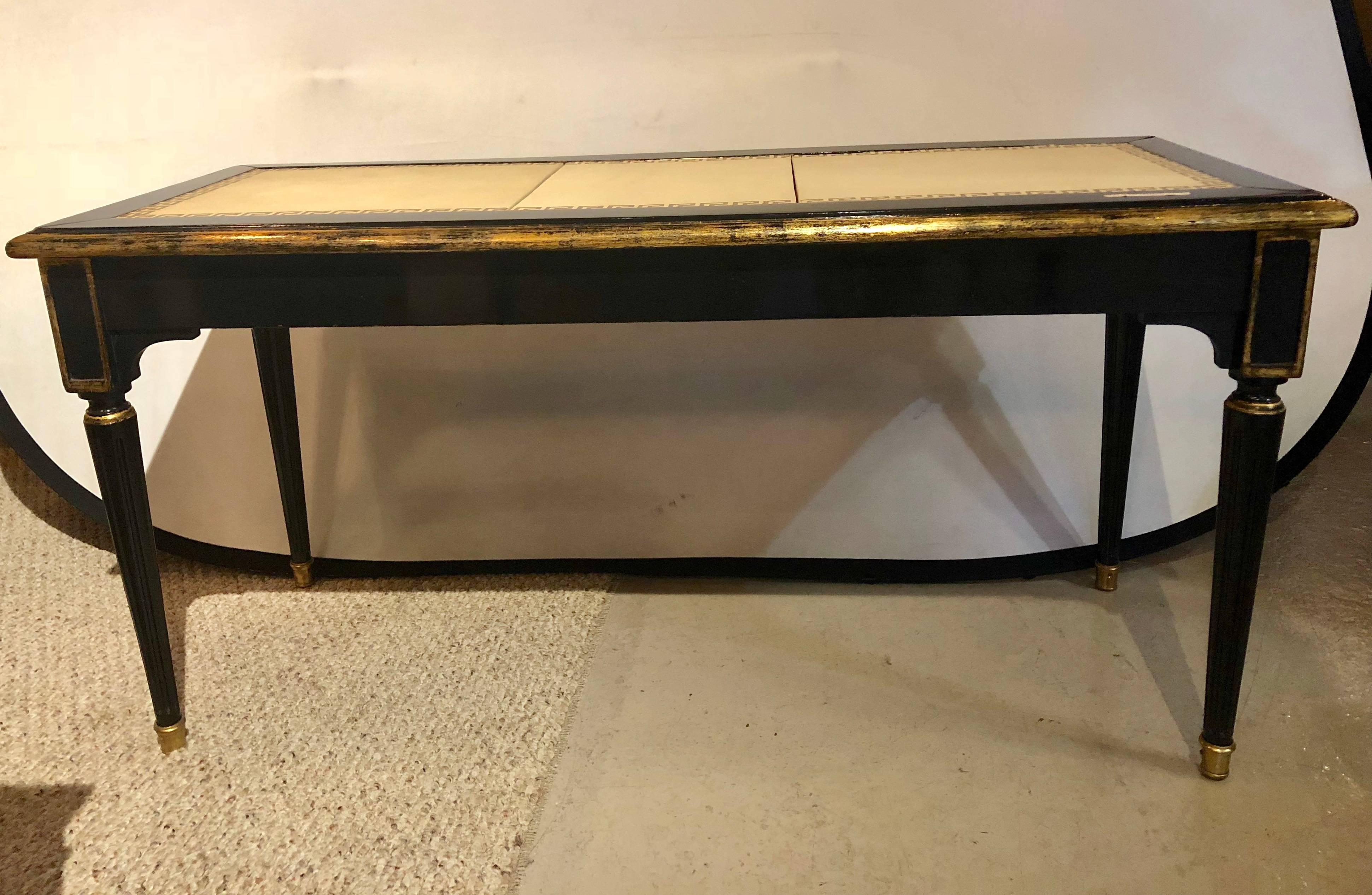 Hollywood Regency, Bench, Table, Black Lacquer Wood, Gold Greek Key, Tan Leather For Sale 11