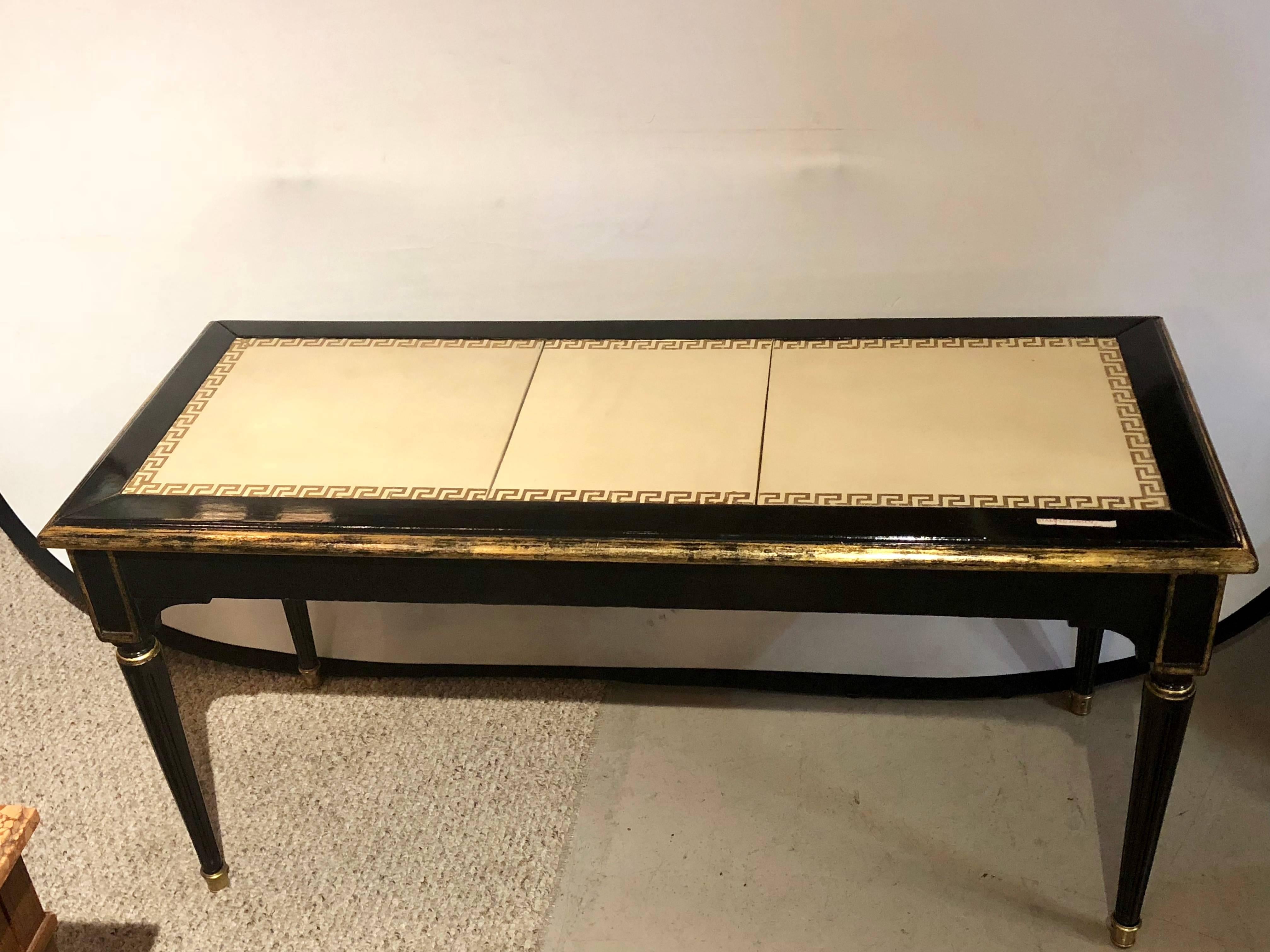 Hollywood Regency, Bench, Table, Black Lacquer Wood, Gold Greek Key, Tan Leather In Good Condition For Sale In Stamford, CT