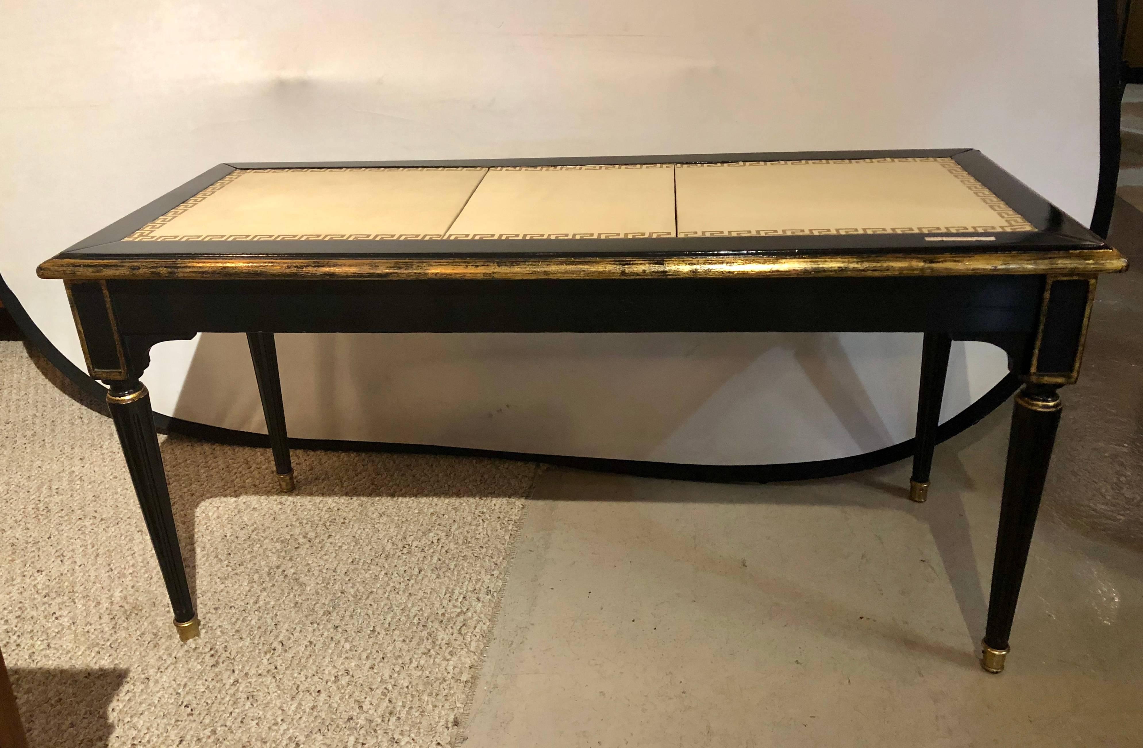 Mid-20th Century Hollywood Regency, Bench, Table, Black Lacquer Wood, Gold Greek Key, Tan Leather For Sale