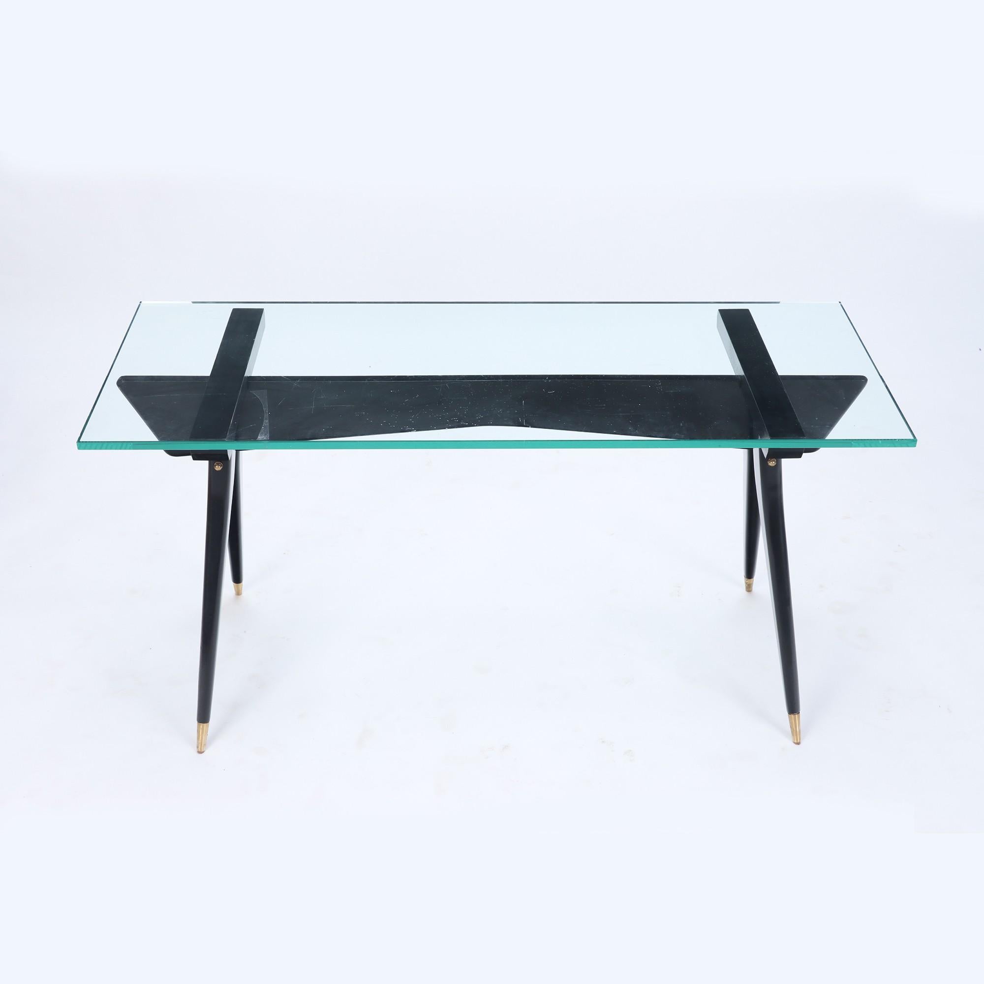 Ebonized Wood Glass Top Console/Sofa Table/Desk C 1950 In Good Condition For Sale In Philadelphia, PA