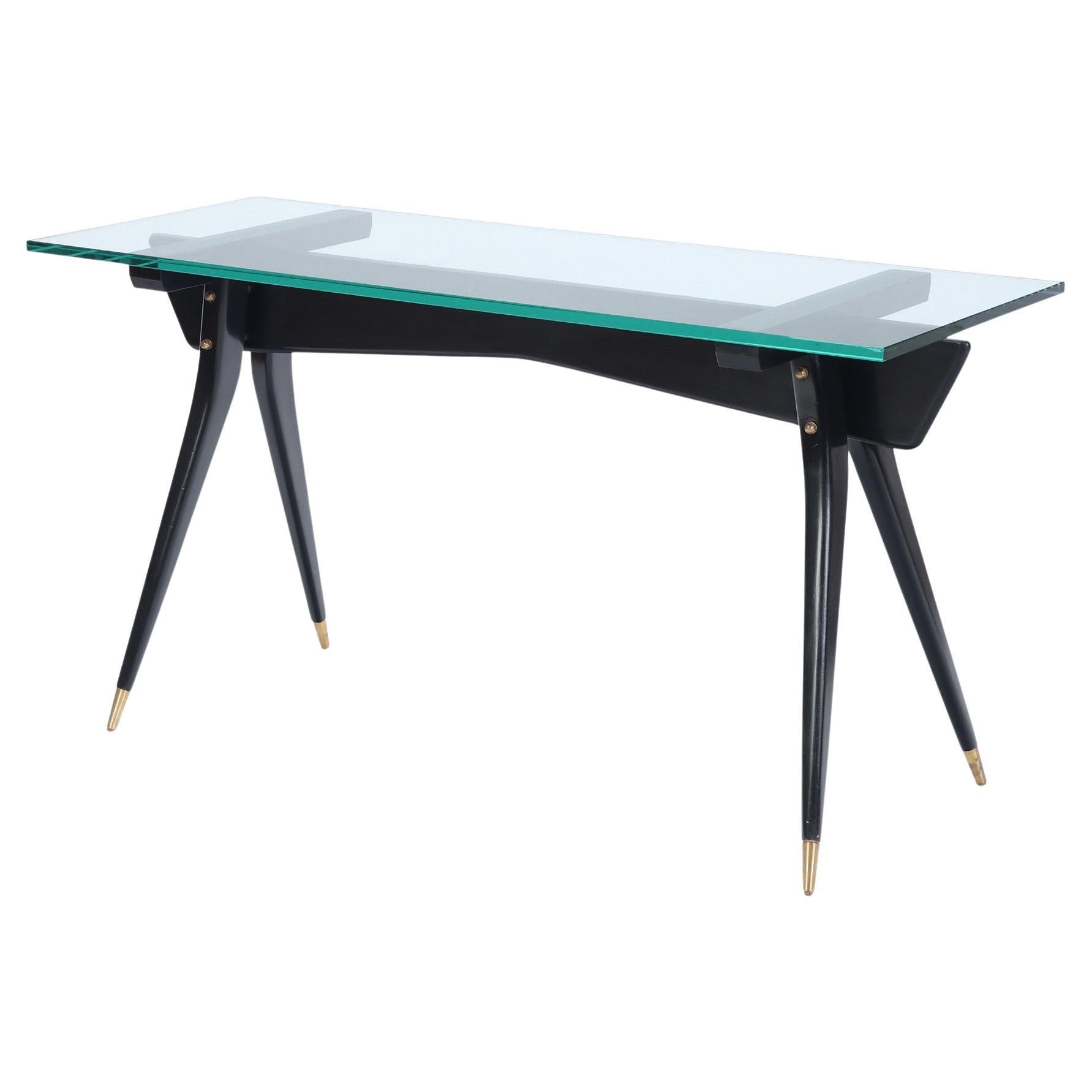 Ebonized Wood Glass Top Console/Sofa Table/Desk C 1950 For Sale
