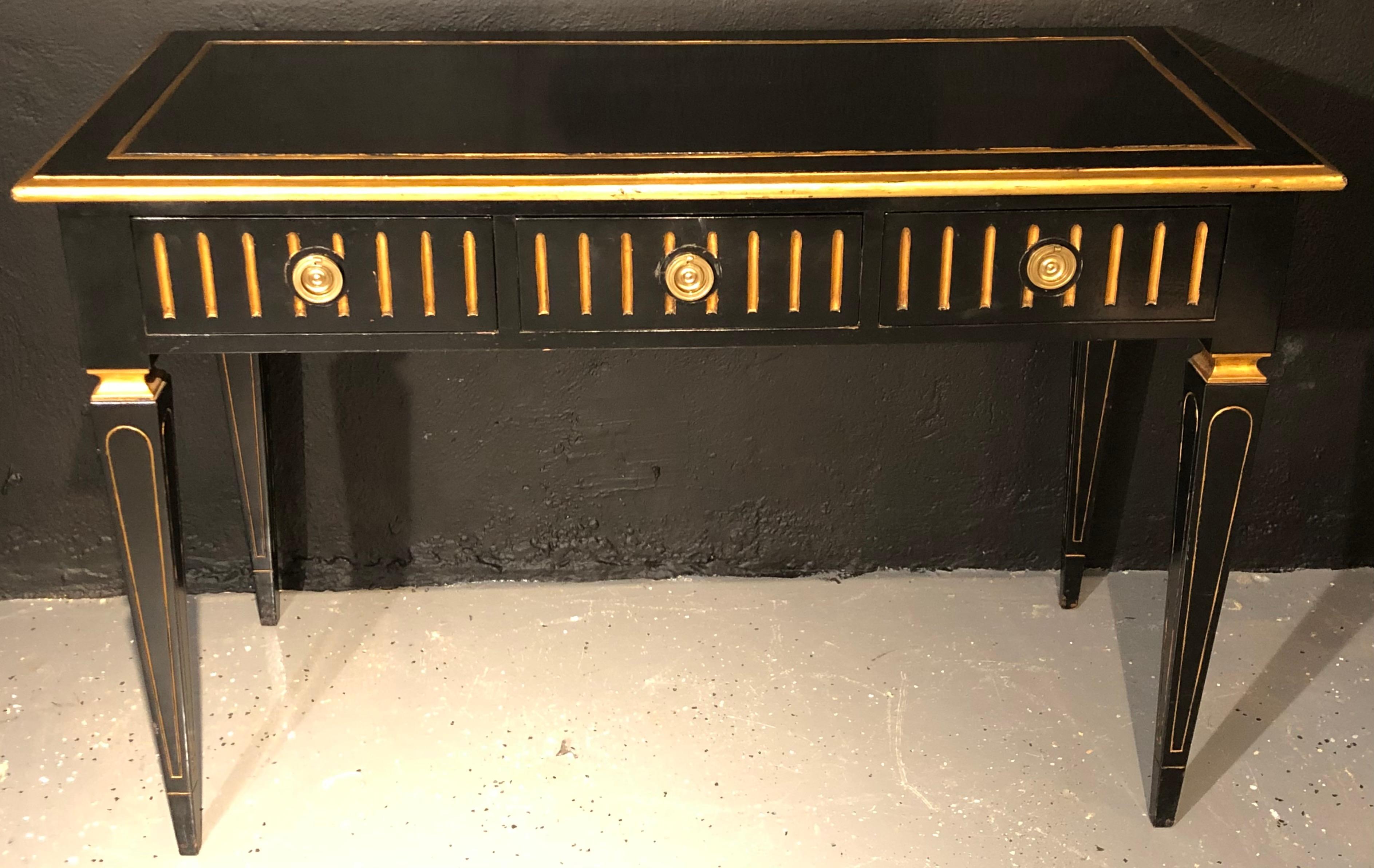 Hollywood Regency Ebony and Parcel-Gilt Decorated Three-Drawer Desk, Maison Jansen attr. For Sale