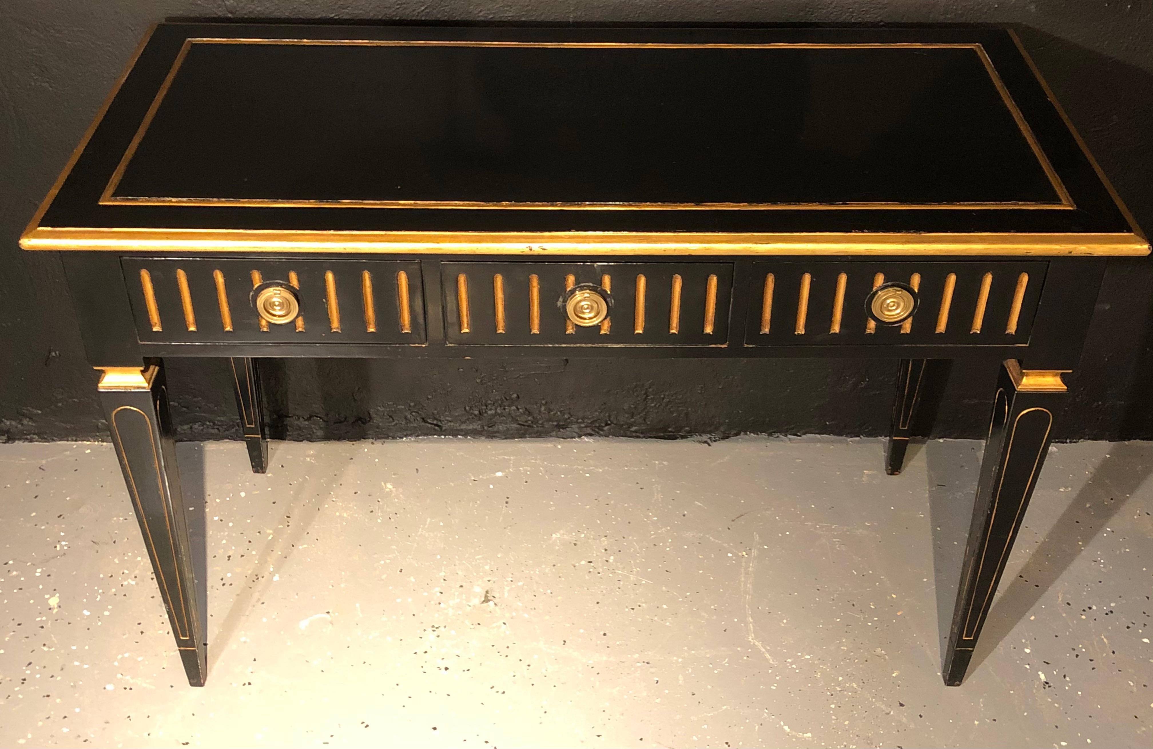Painted Ebony and Parcel-Gilt Decorated Three-Drawer Desk, Maison Jansen attr. For Sale