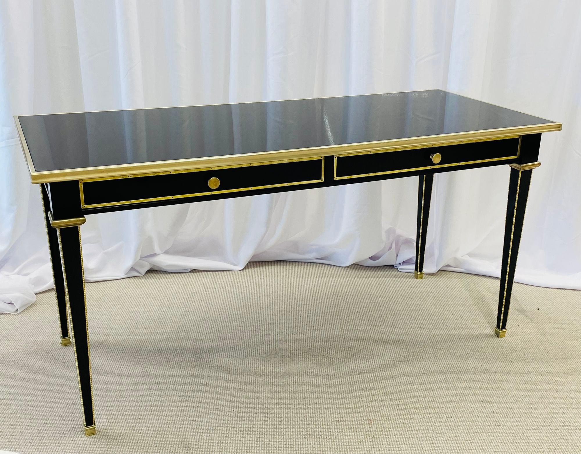 Ebony French Desk, Writing Table or Vanity, Maison Jansen Inspired, Bronze In Good Condition In Stamford, CT