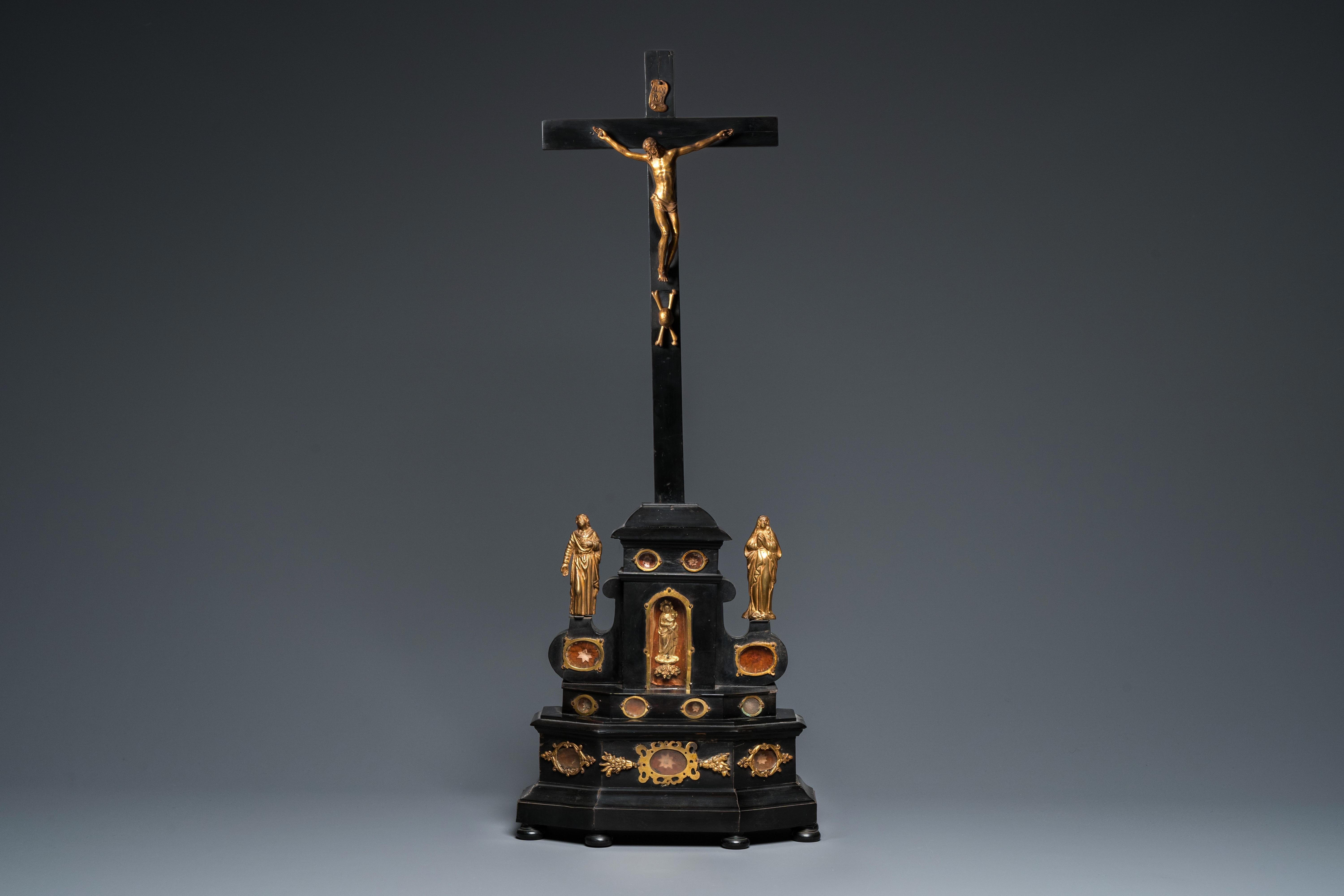 Baroque Ebony Wood and Gilt Bronze Reliquary Altar Cross After Giambologna For Sale