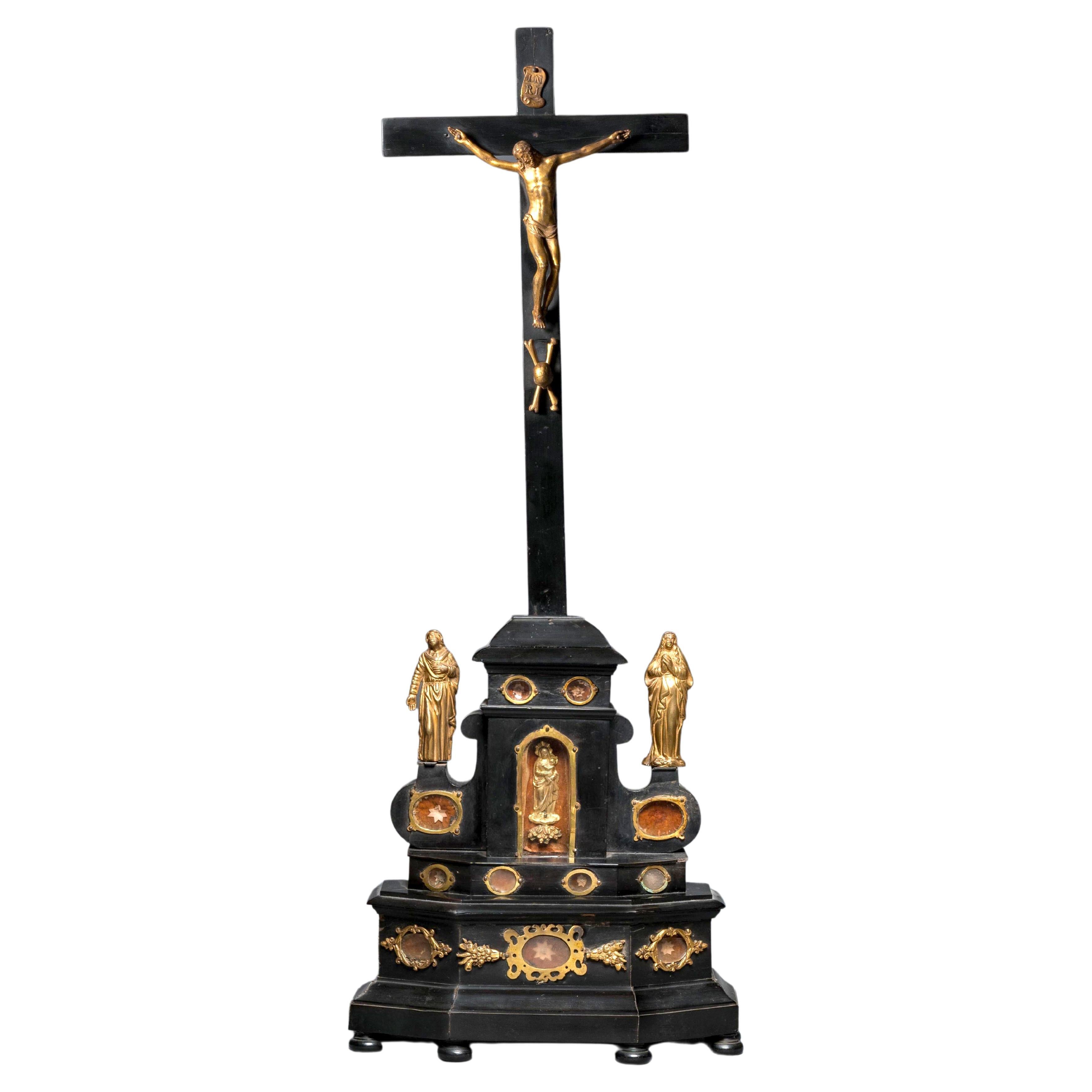 Ebony Wood and Gilt Bronze Reliquary Altar Cross After Giambologna
