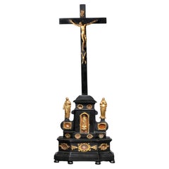 Antique Ebony Wood and Gilt Bronze Reliquary Altar Cross After Giambologna