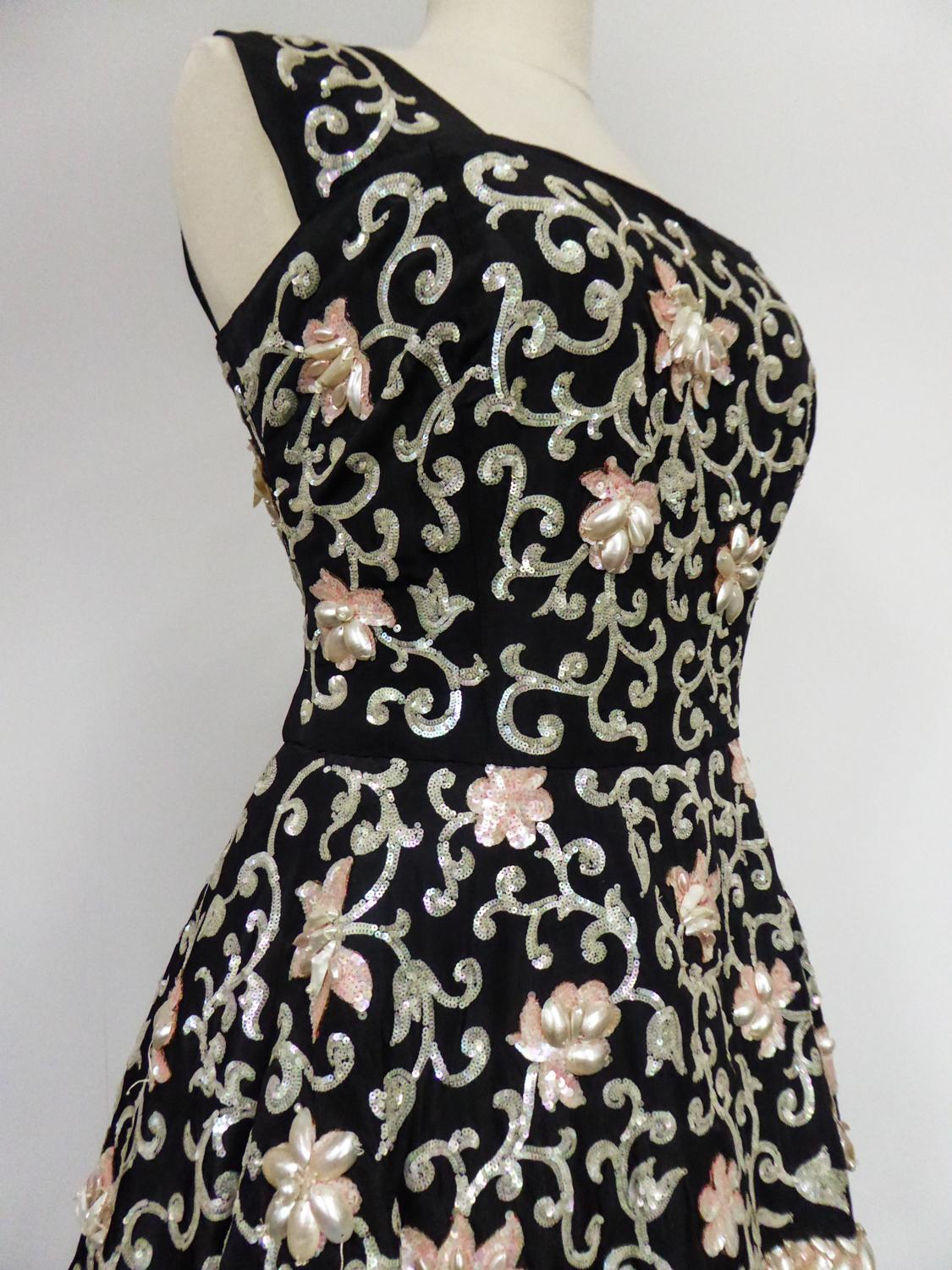 Noir Edward Molyneux - Robe de soirée longue brodée haute couture, circa 1950