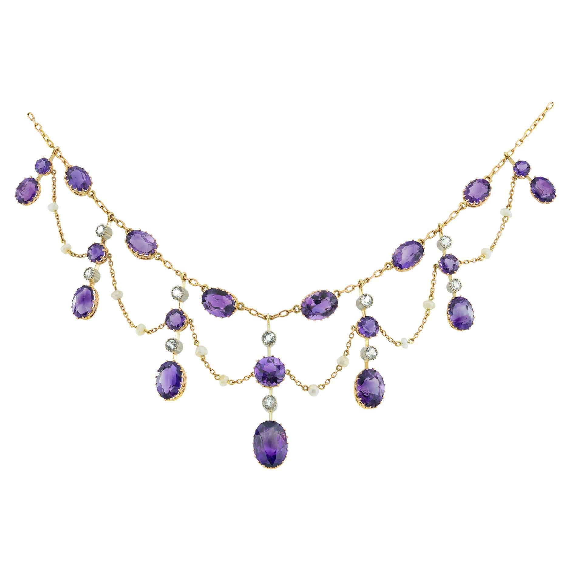 An Edwardian amethyst, diamond and pearl fringe necklace For Sale