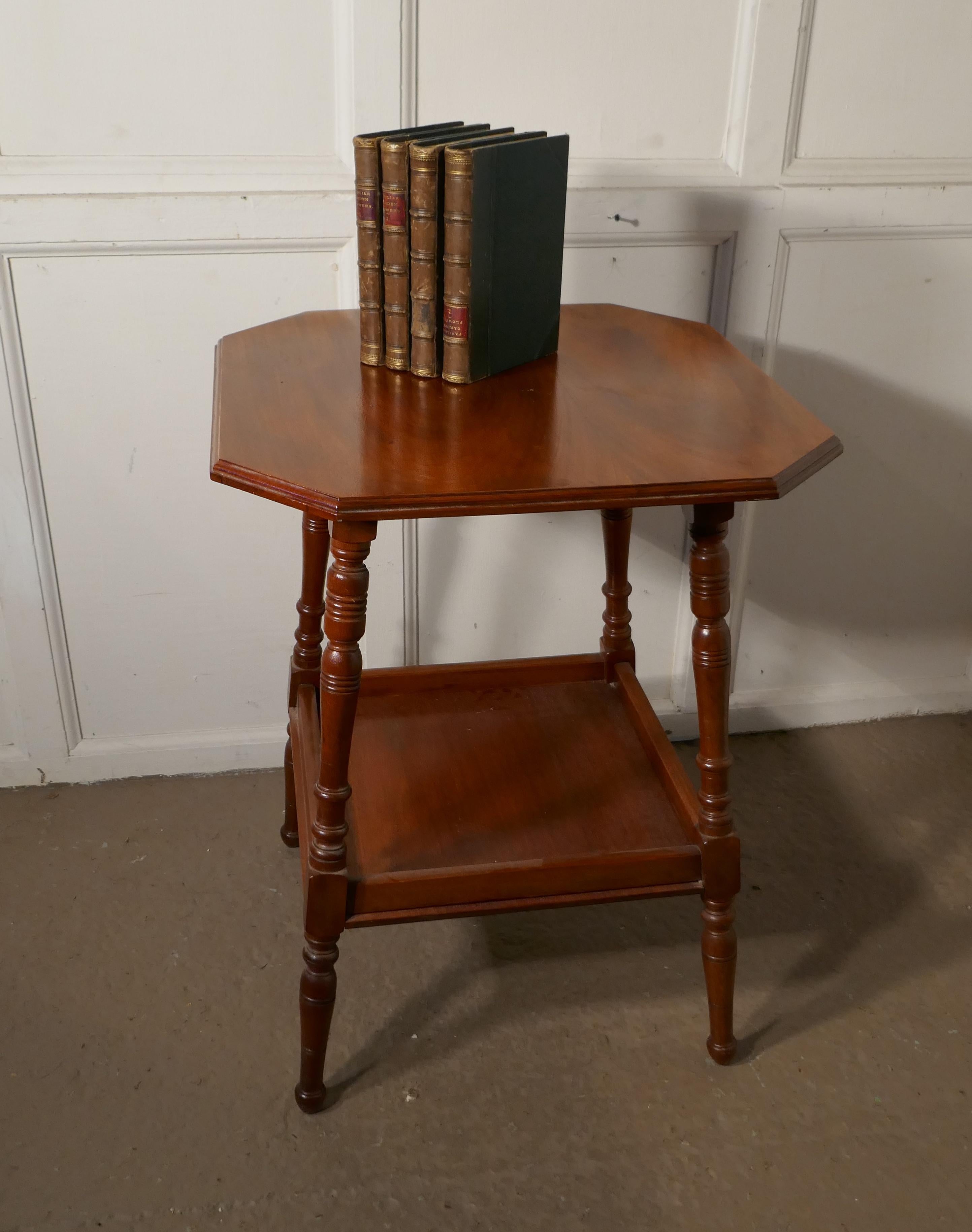 An Edwardian blonde mahogany étagère or occasional table

This useful little table has two tiers, the top is square with canted corners and a moulded edge, the under-tier is galleried and the table is set on elegant splayed turned legs

This is