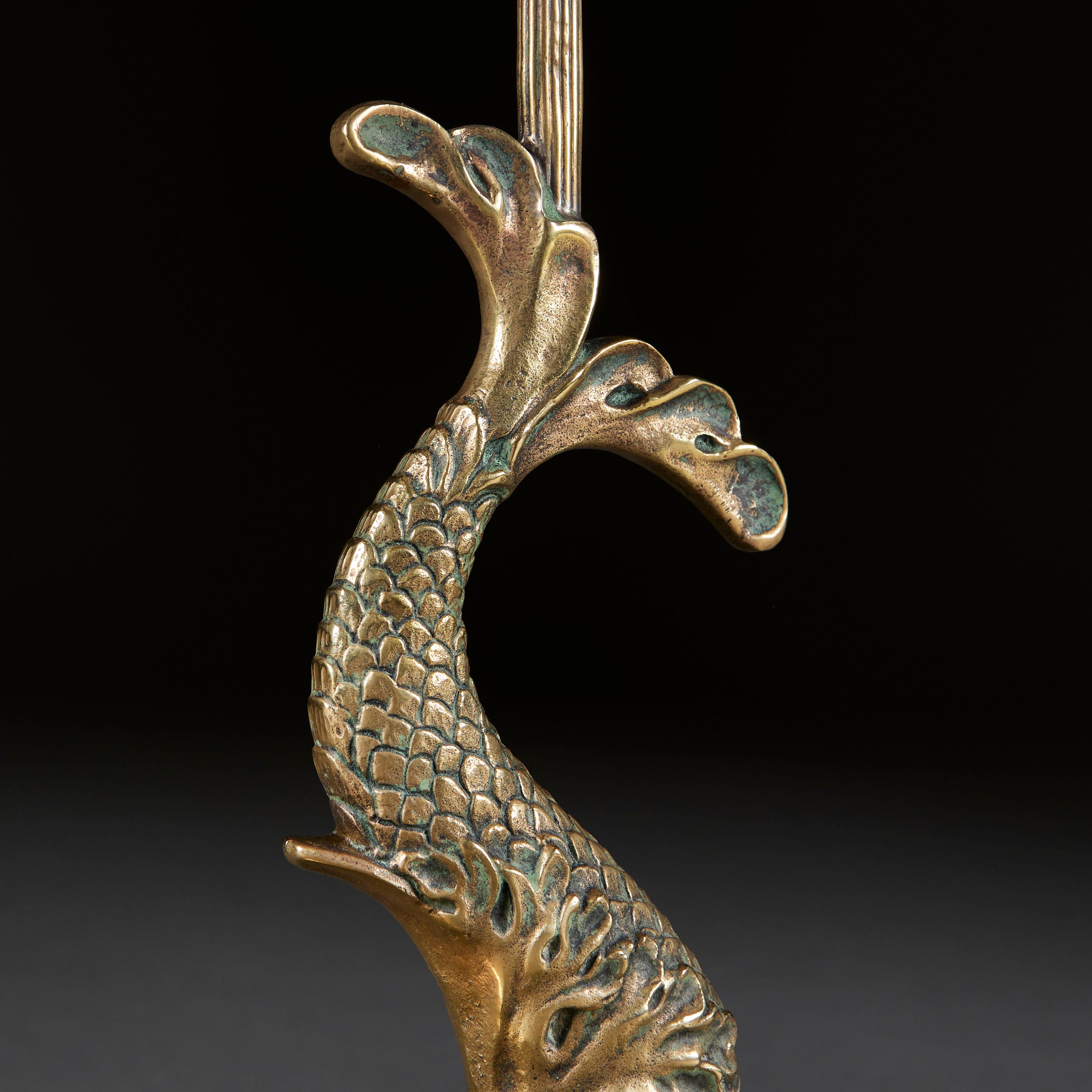19th Century An Edwardian Brass Dolphin Table Lamp For Sale