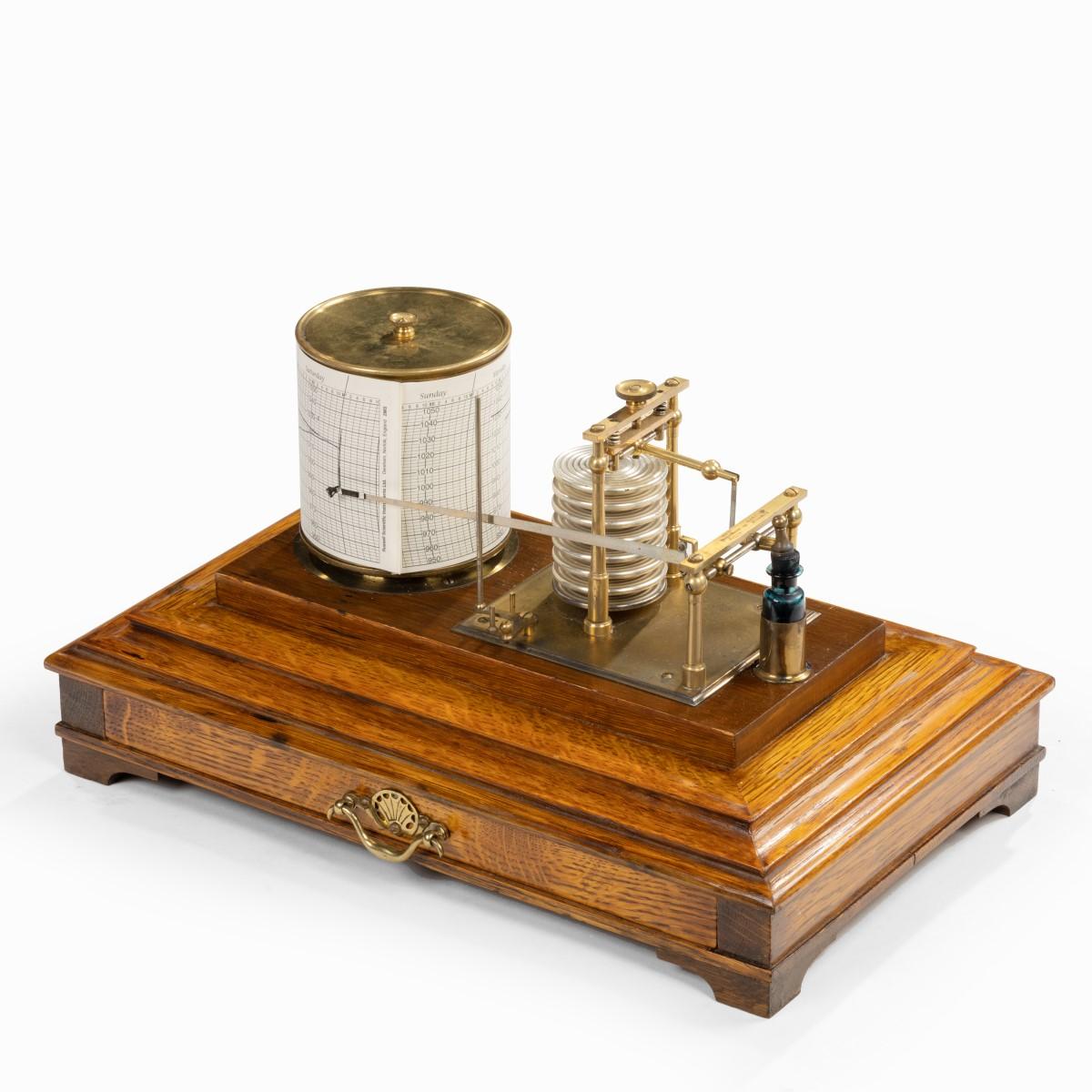 English Edwardian Cased Oak Barograph with Bevelled Glass Panels For Sale