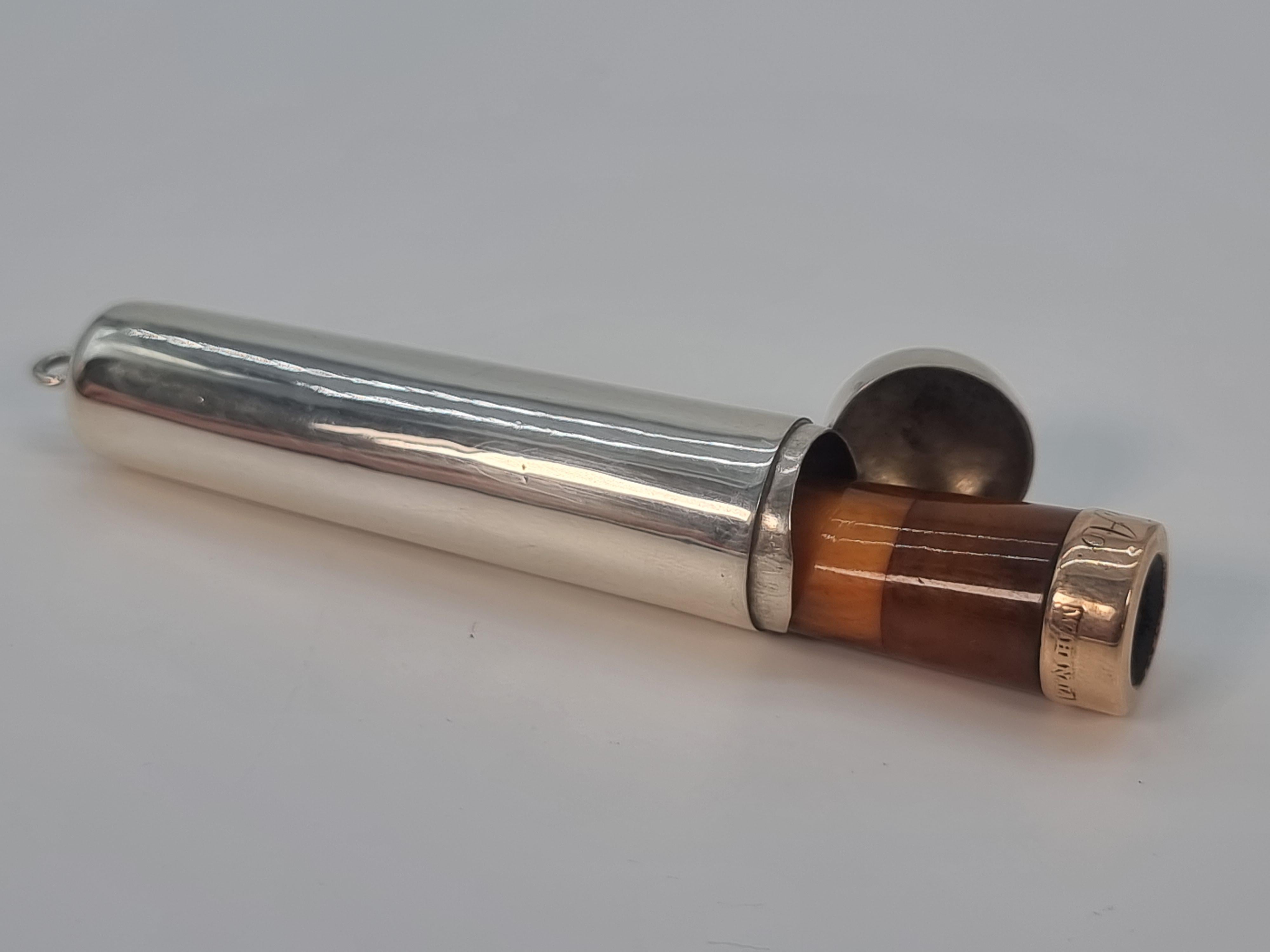 An Edwardian cheroot holder and case made from silver amber and gold 1902 - 3 For Sale 8