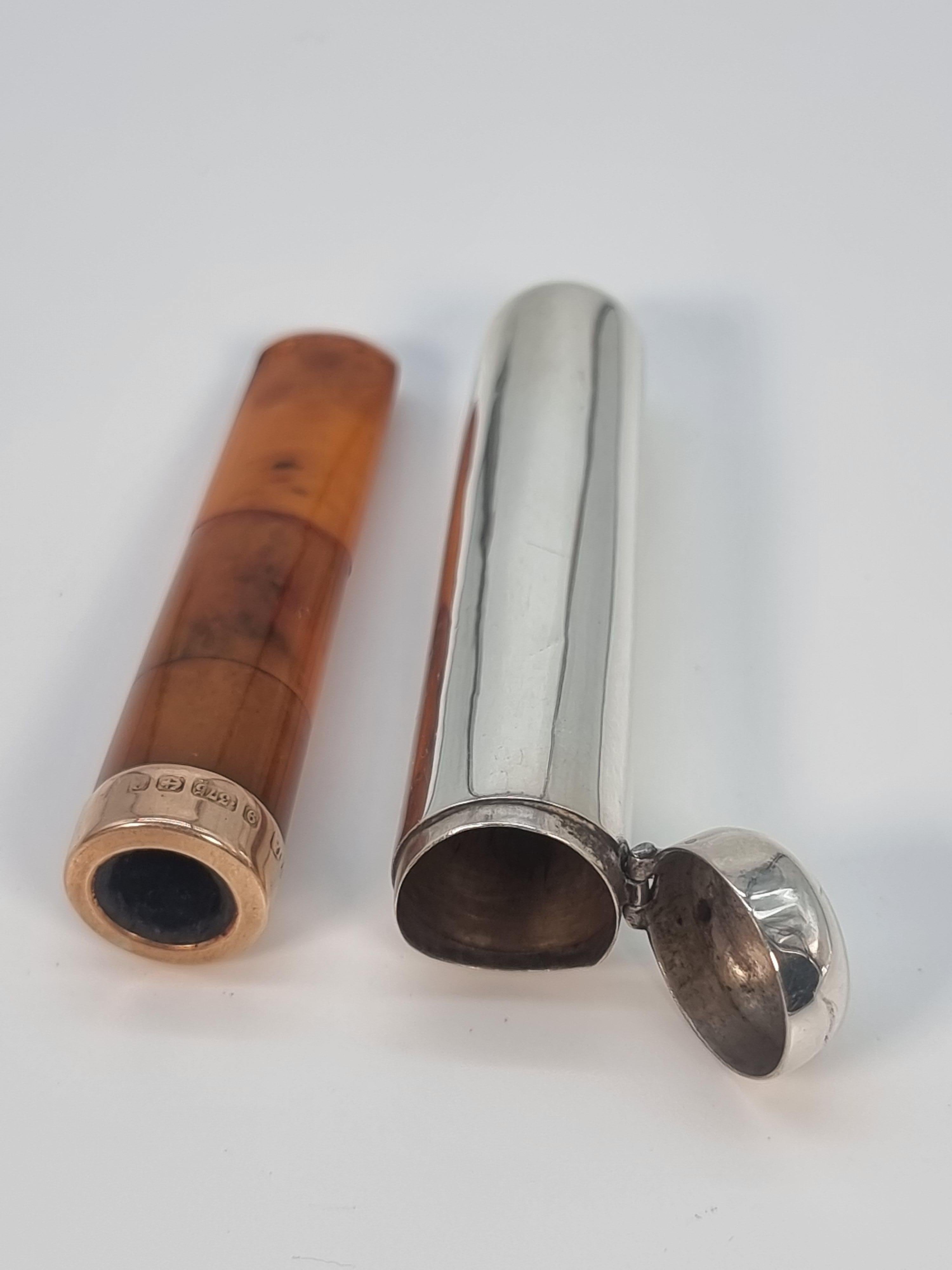 An Edwardian cheroot holder and case made from silver amber and gold 1902 - 3 For Sale 9