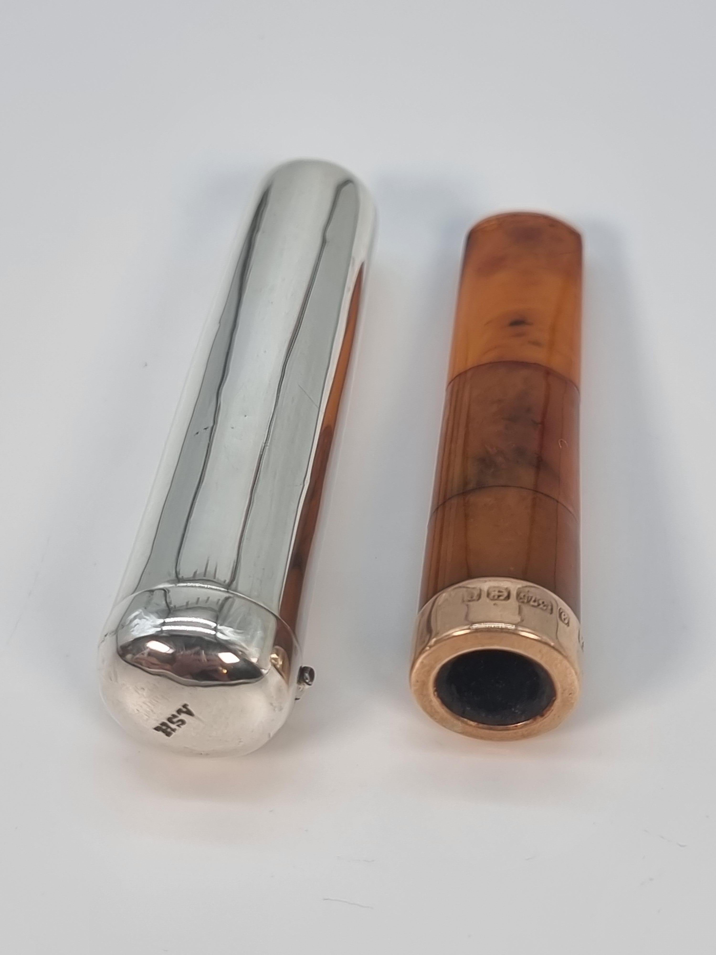 An Edwardian cheroot holder and case made from silver amber and gold 1902 - 3 For Sale 11