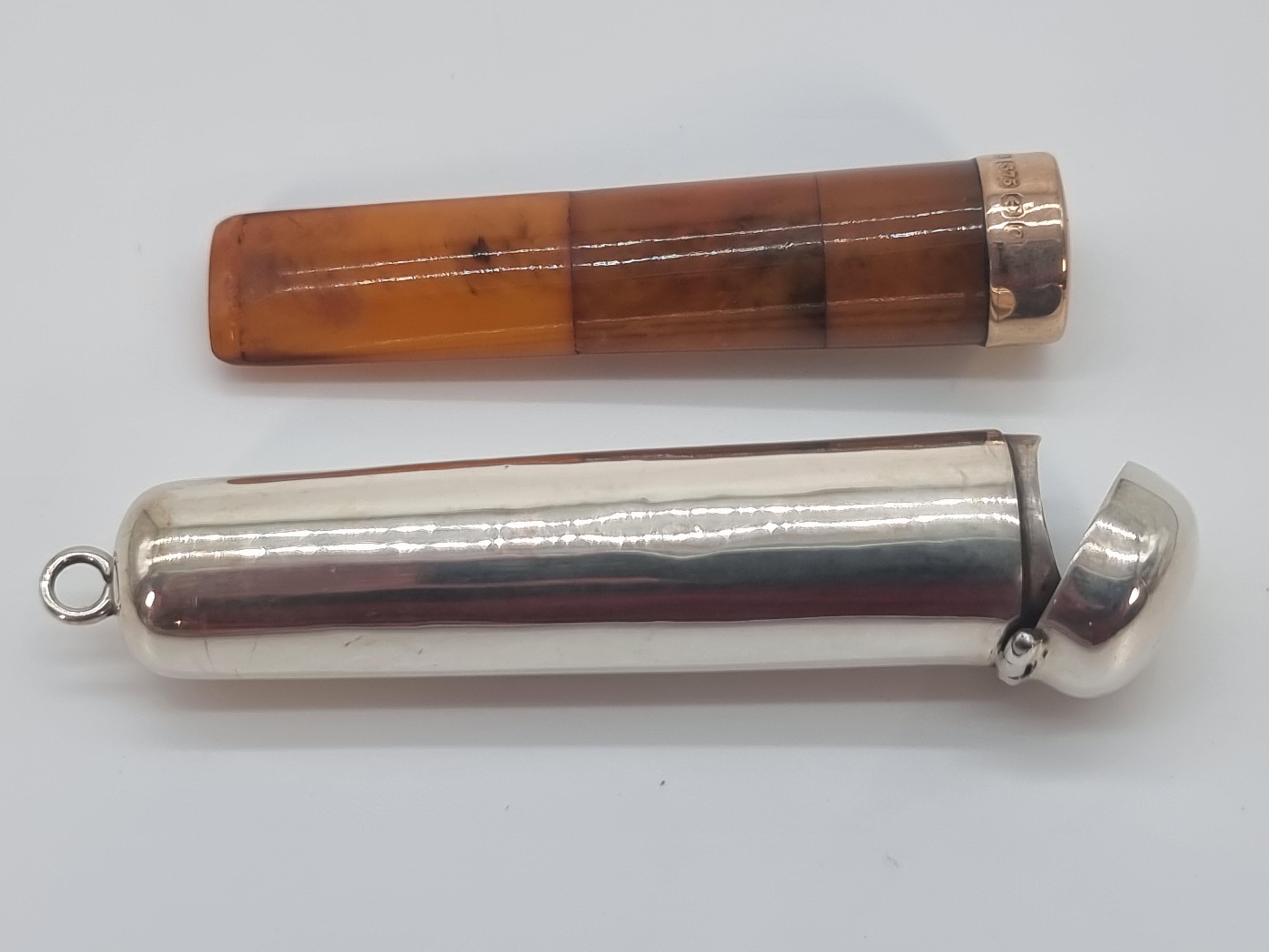 An Edwardian cheroot holder and case made from silver amber and gold 1902 - 3 For Sale 13