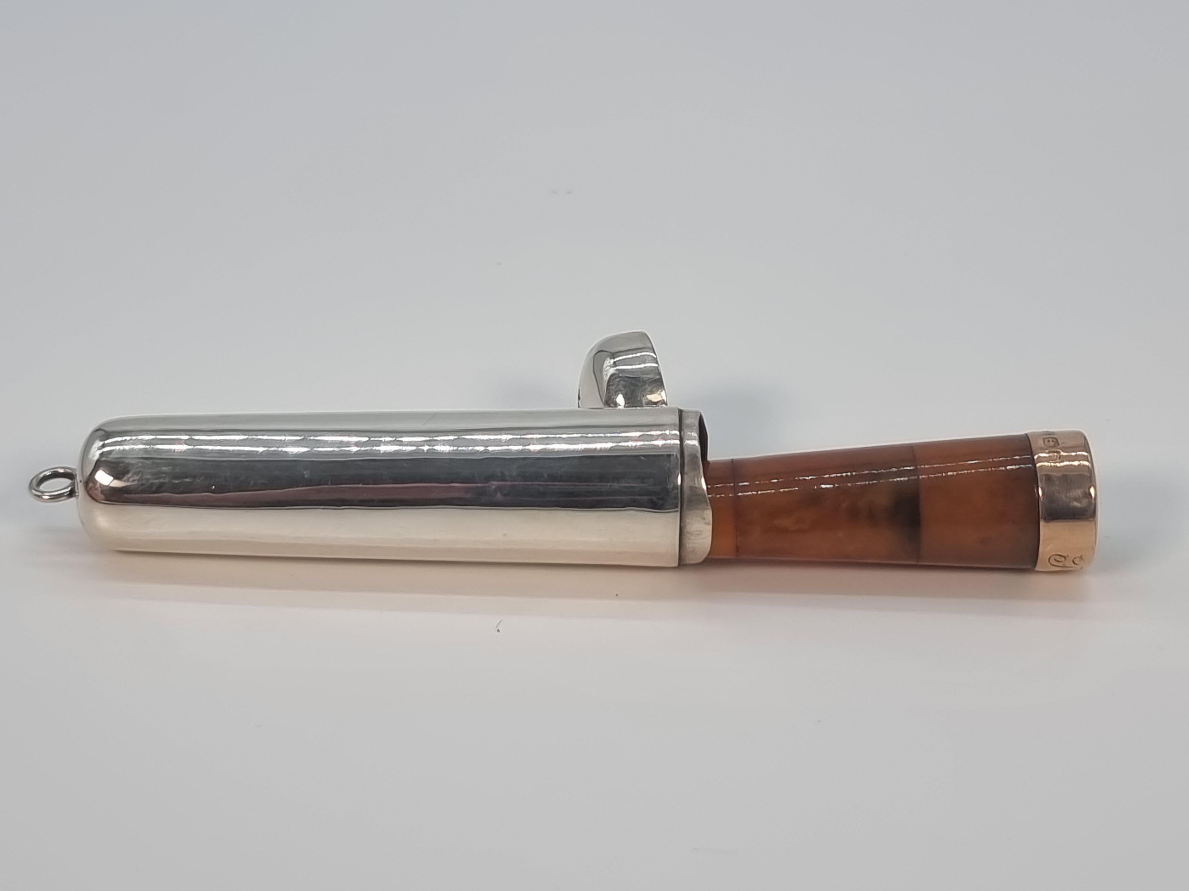 An Edwardian cheroot holder and case made from silver amber and gold 1902 - 3 For Sale 1