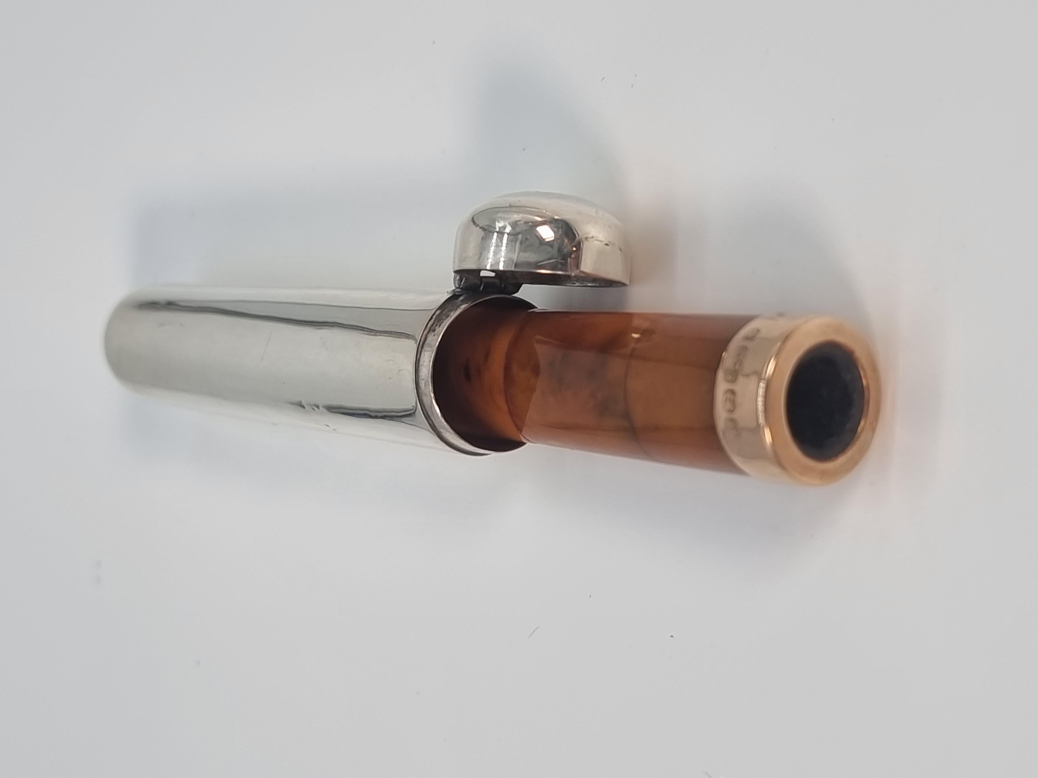 An Edwardian cheroot holder and case made from silver amber and gold 1902 - 3 For Sale 2