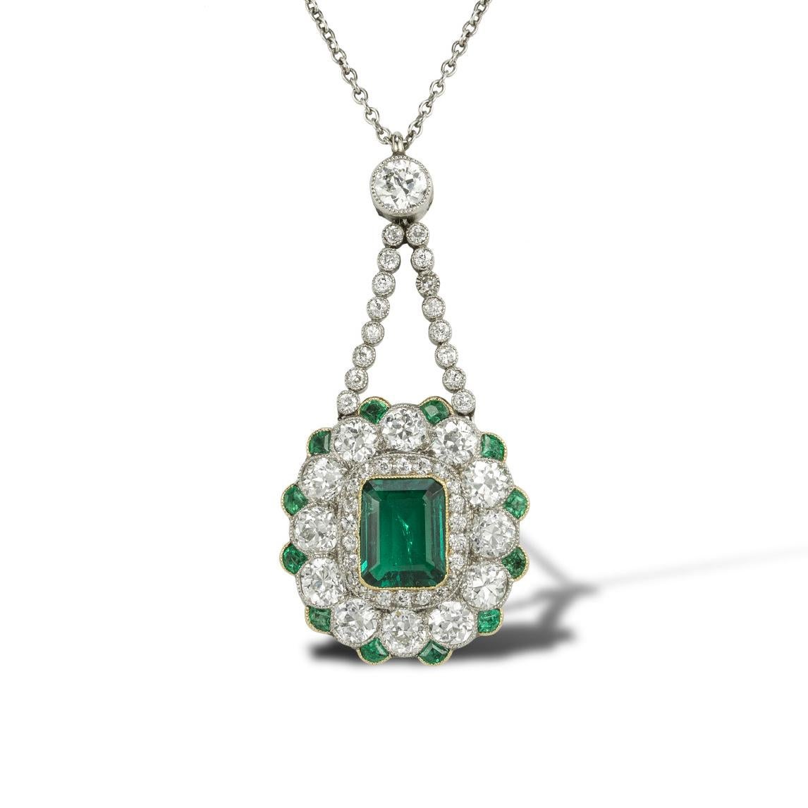 Emerald Cut Edwardian Colombian Emerald and Diamond Pendant