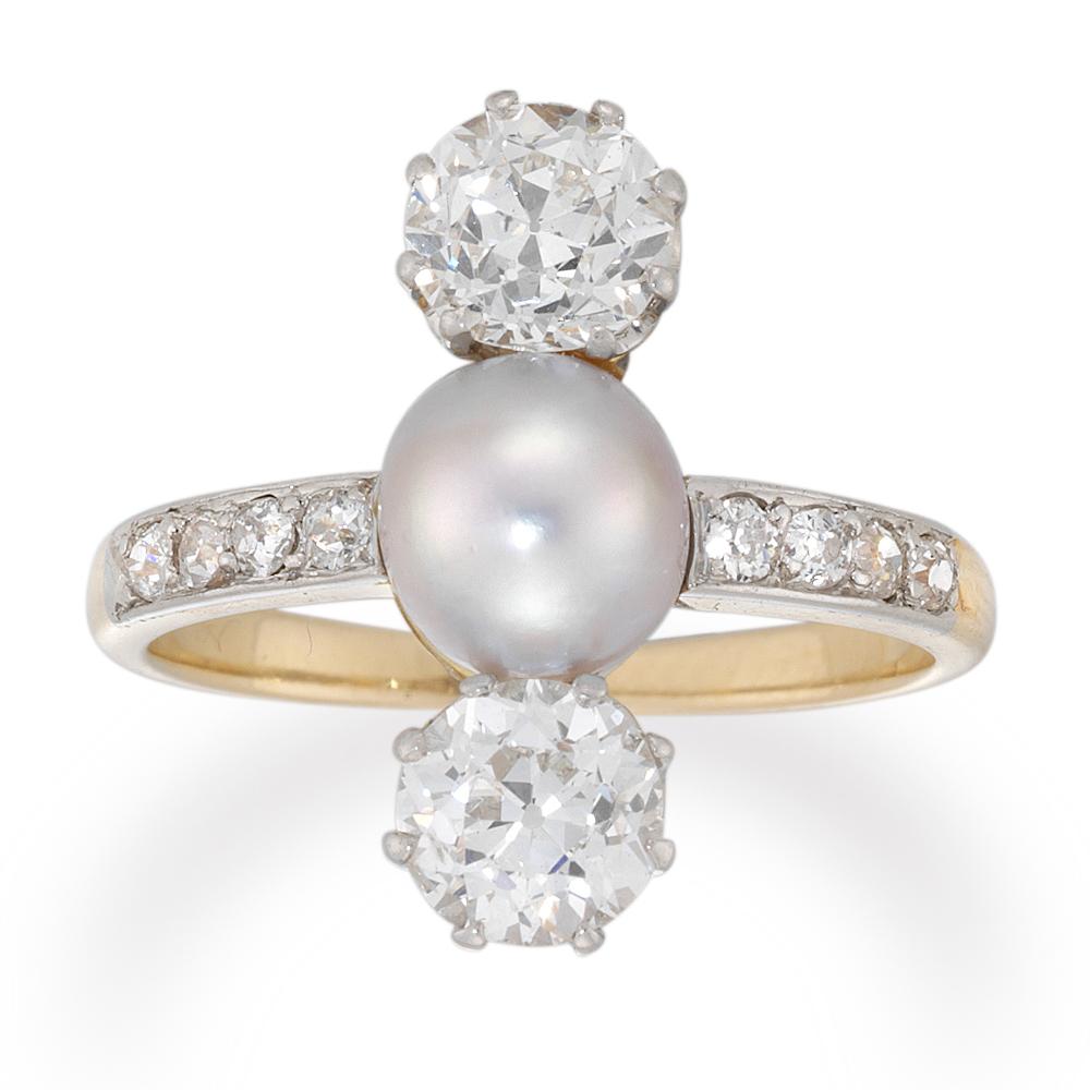 Brilliant Cut Edwardian Diamond and Cultured Pearl Three-Stone Ring For Sale