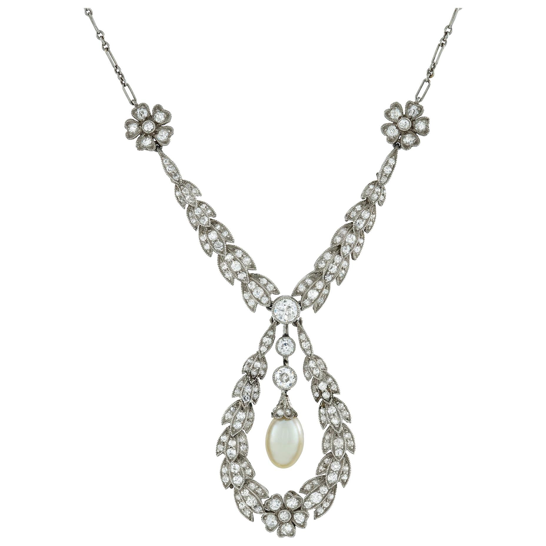 Collana edoardiana con diamante e alloro e goccia di perle