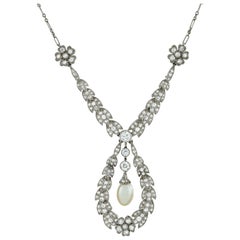 Edwardianische Diamant-Laub-Halskette mit Perlentropfen